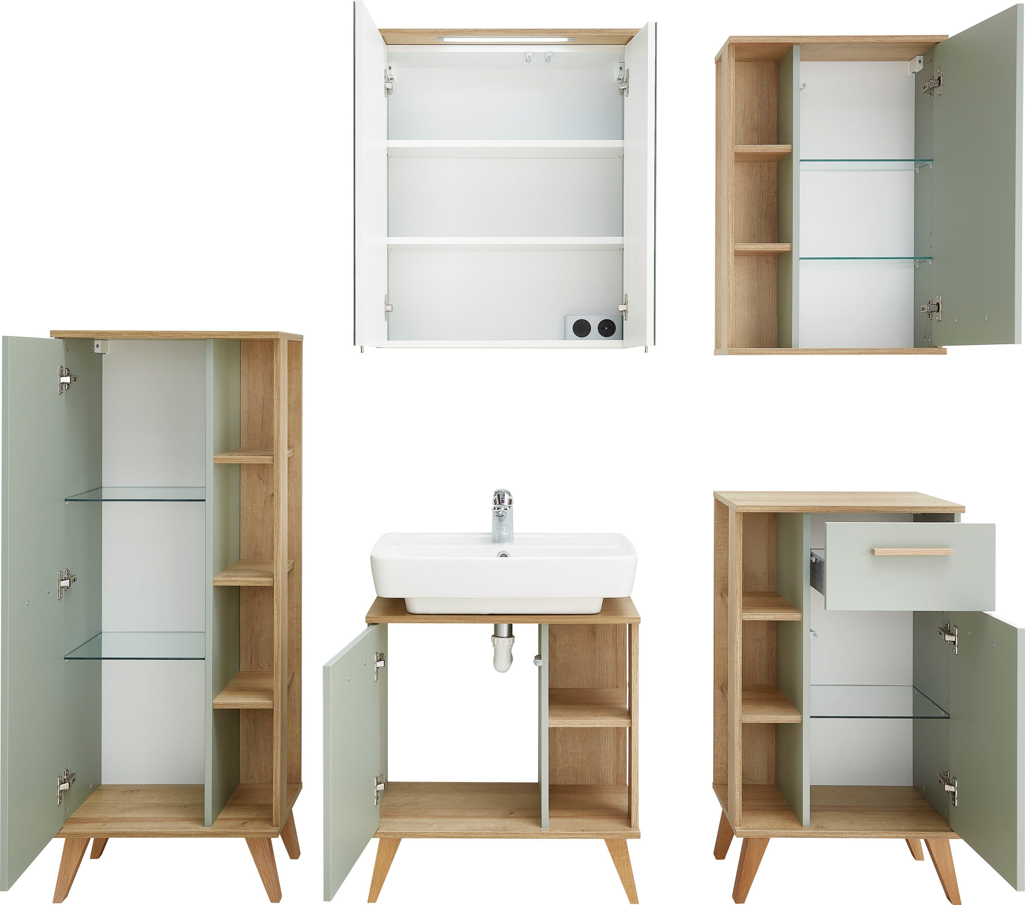 Saphir Badkamerserie Quickset 5-delig, wastafelonderkast met led-spiegelkast Onderkast, hangend kastje, halfhoge kast, inclusief deurdemper, 6 deuren (5-delig)