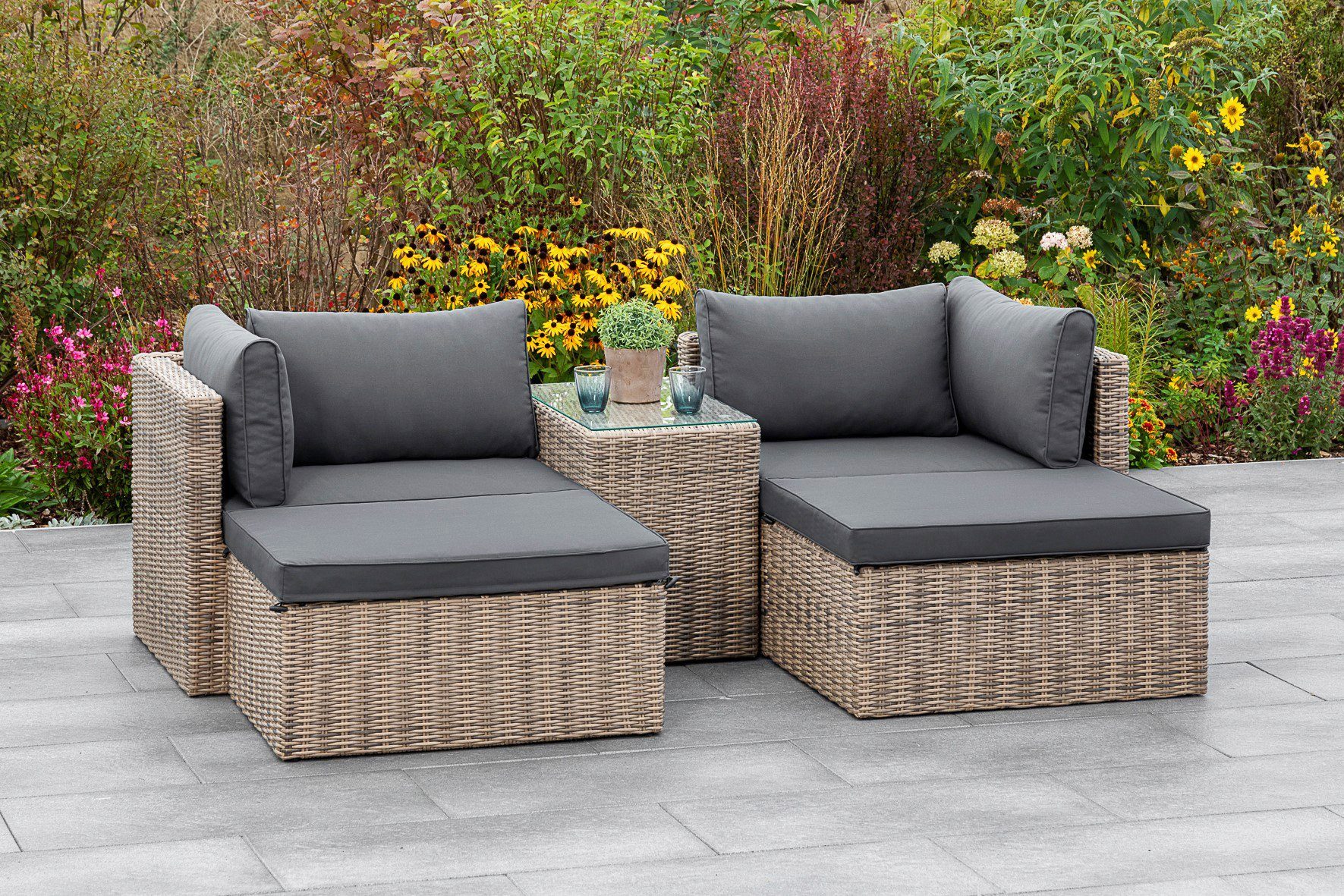 MERXX Tuin-eethoek Licosa 2 fauteuils, 2 hockers, tafel, met kussens, naturelgrijs (5-delig)