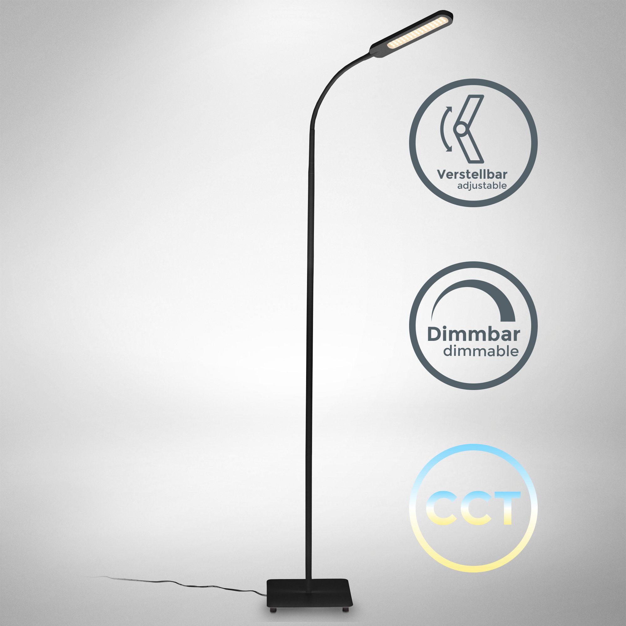 B.K.Licht Staande ledlamp BK_ST1453 LED vloerlamp, zwart, dimbaar, CCT, Toch functie (1 stuk)