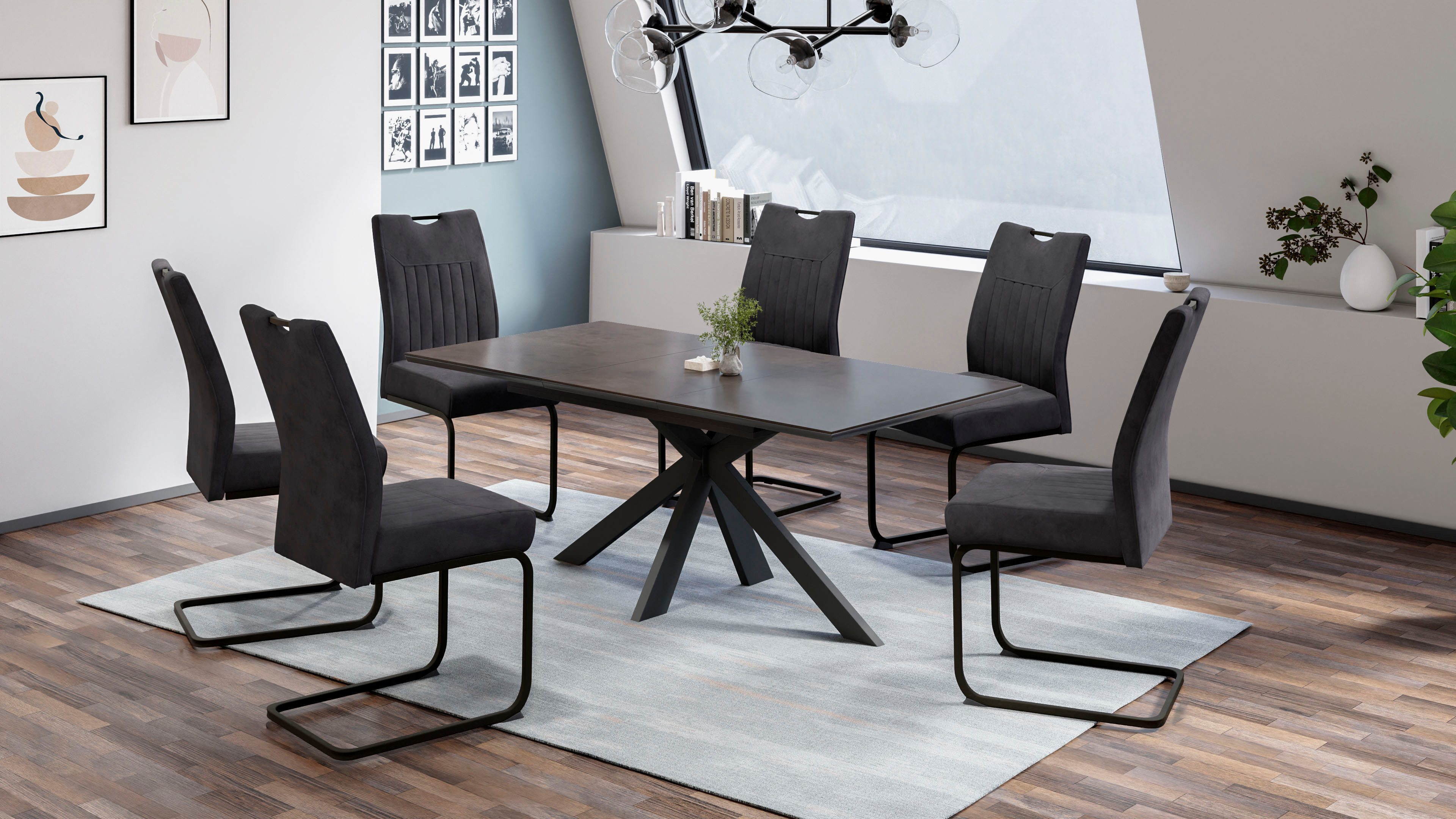 HELA Eethoek Main Tafel 140-180 cm, synchron-uittrek, stoel XL zitbreedte en verenmand (7-delig) eethoeken zwart