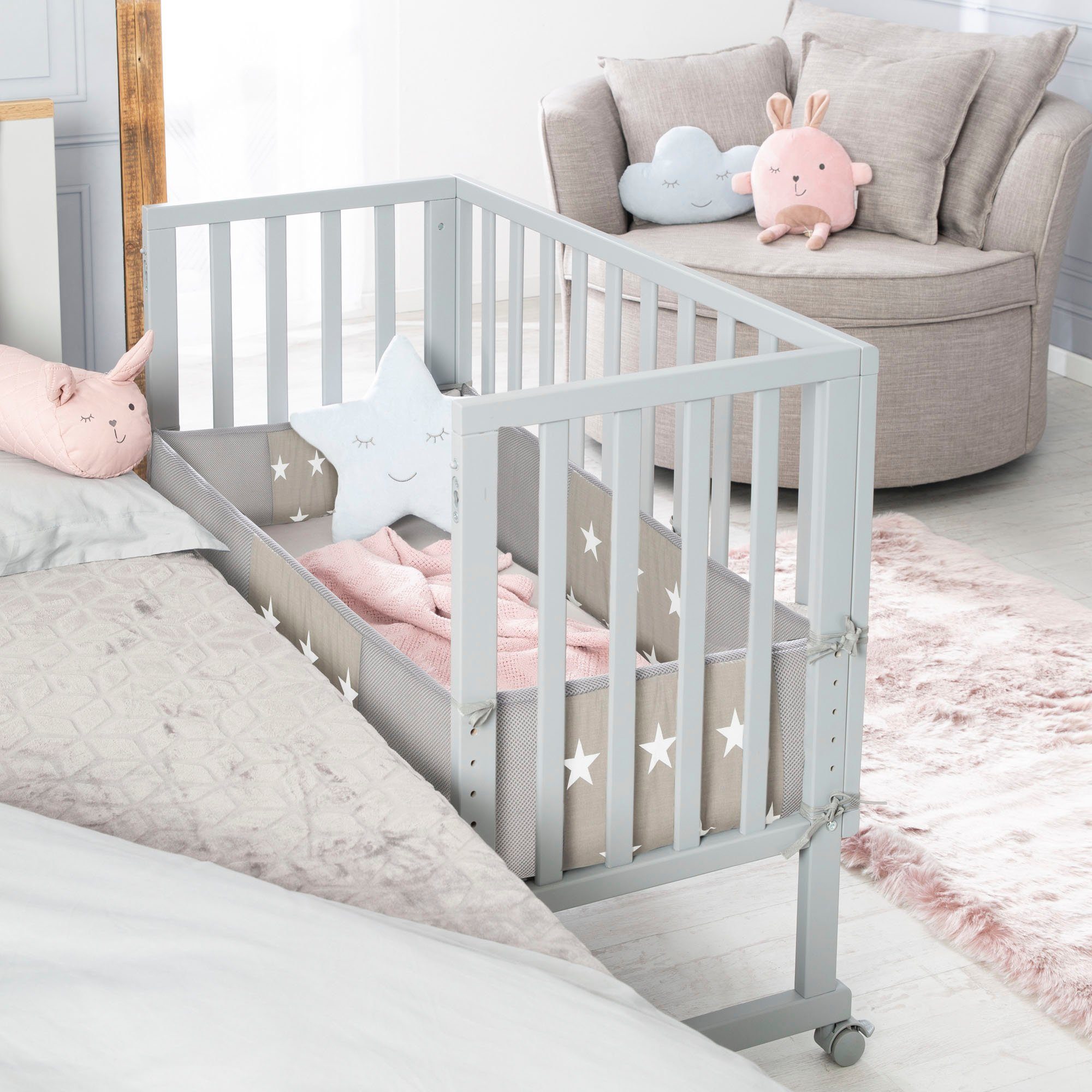 Roba® Wieg Safe Asleep® 2-in-1, taupe, Little sterren met 4 wieltjes, matras, hoofdbeschermer en veiligheidsbarrière