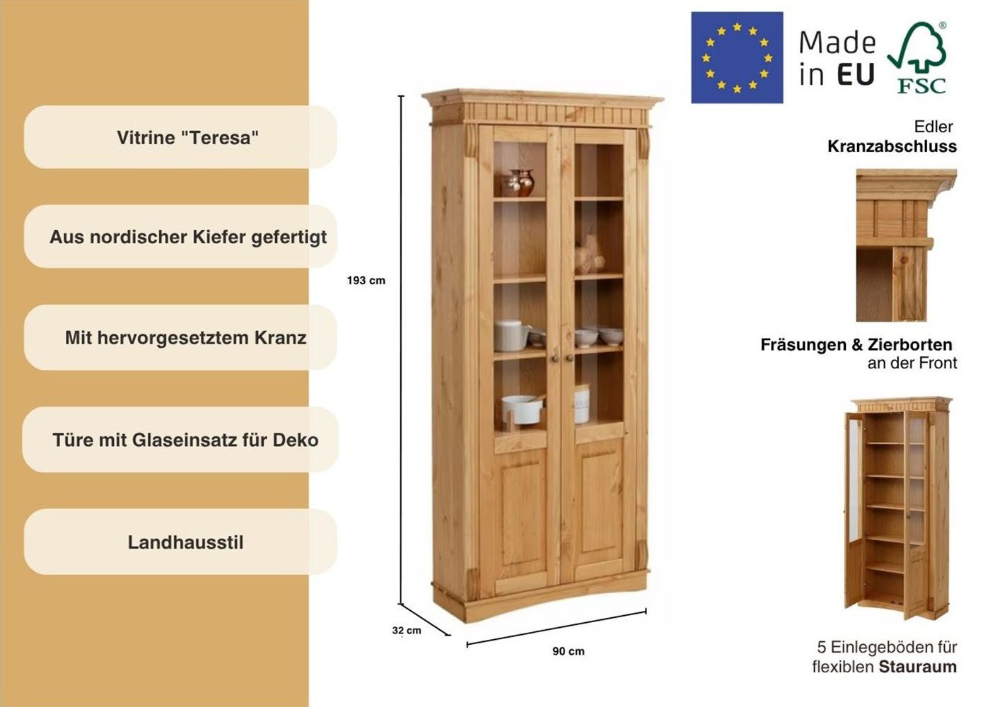 Home affaire Vitrinekast Teresa met 2 glazen deuren, hoogte 193 cm, van massief grenen, fsc®