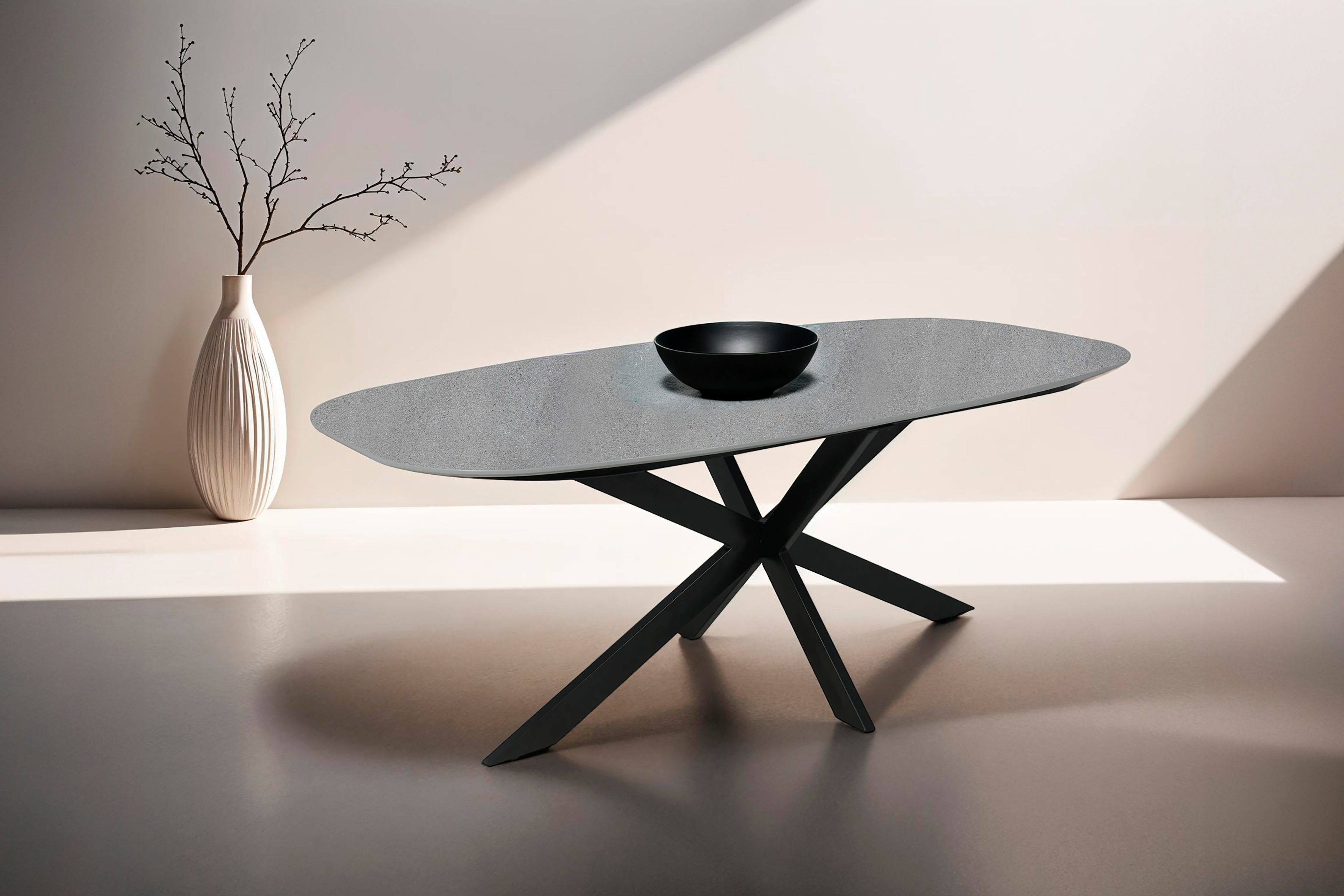 byLIVING Eettafel Ovaal in bootvorm, tafelblad in natuursteen-look grijs, breedte 200 cm