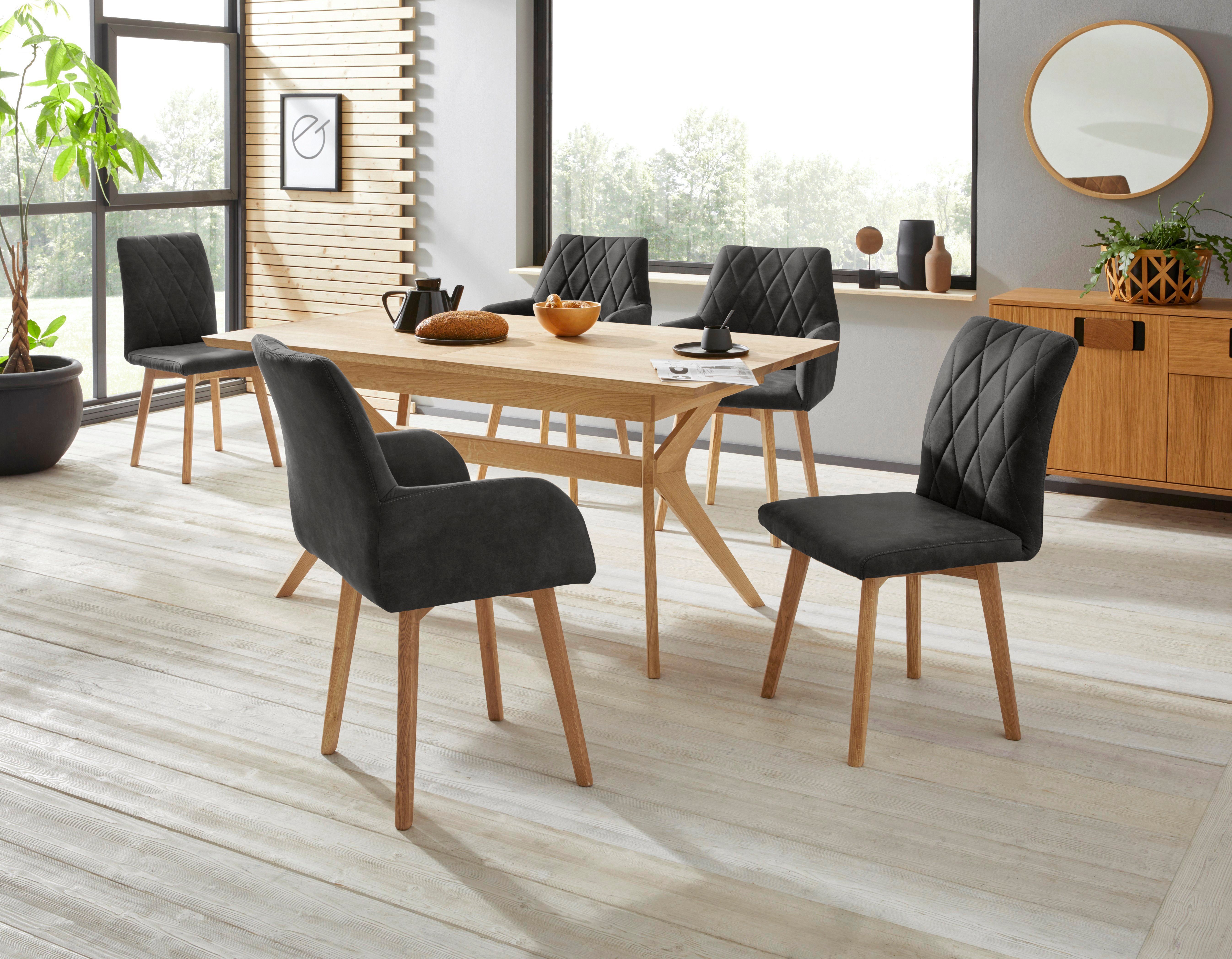 Home affaire Eetkamerstoel Brest Fauteuil in leer of microvezel, geolied massief eiken frame (2 stuks)