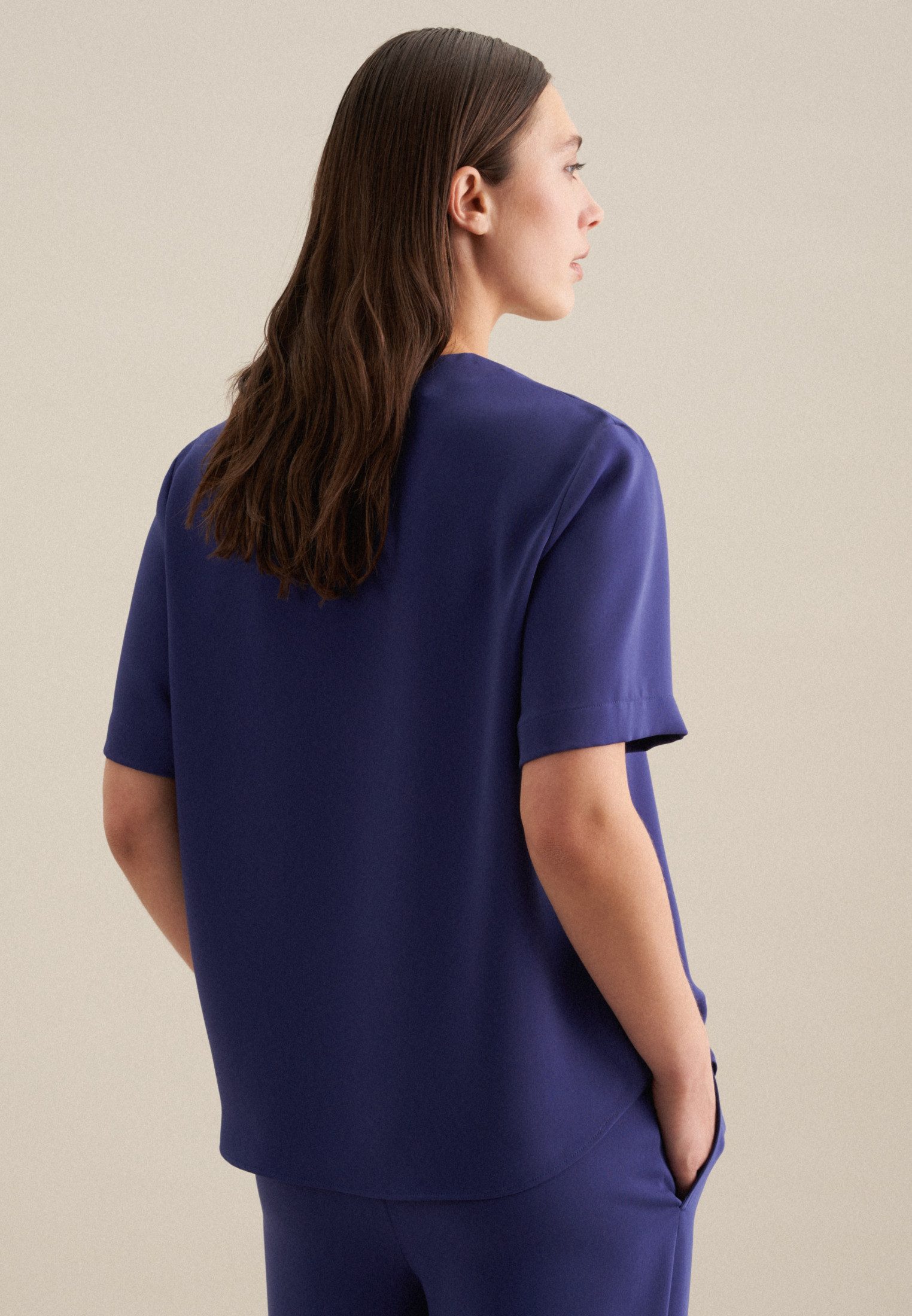seidensticker Shirtblouse Zwarte roos Korte mouwen V-hals uni
