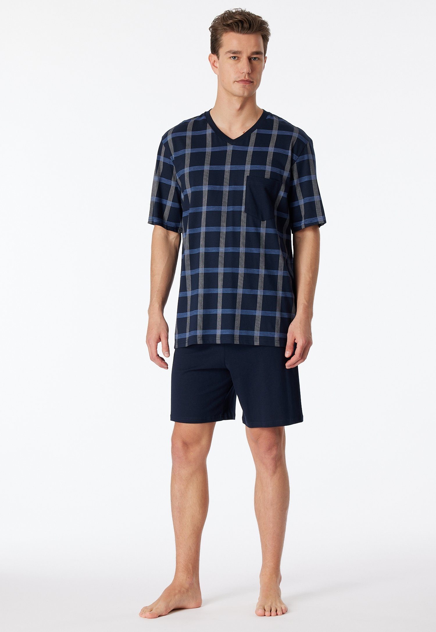 Schiesser Shortama "Comfort Nightwear" met klassiek ruitpatroon, v-hals en opgestikte borstzak (2-delig) heren shortama's maat 48 (S) blauw