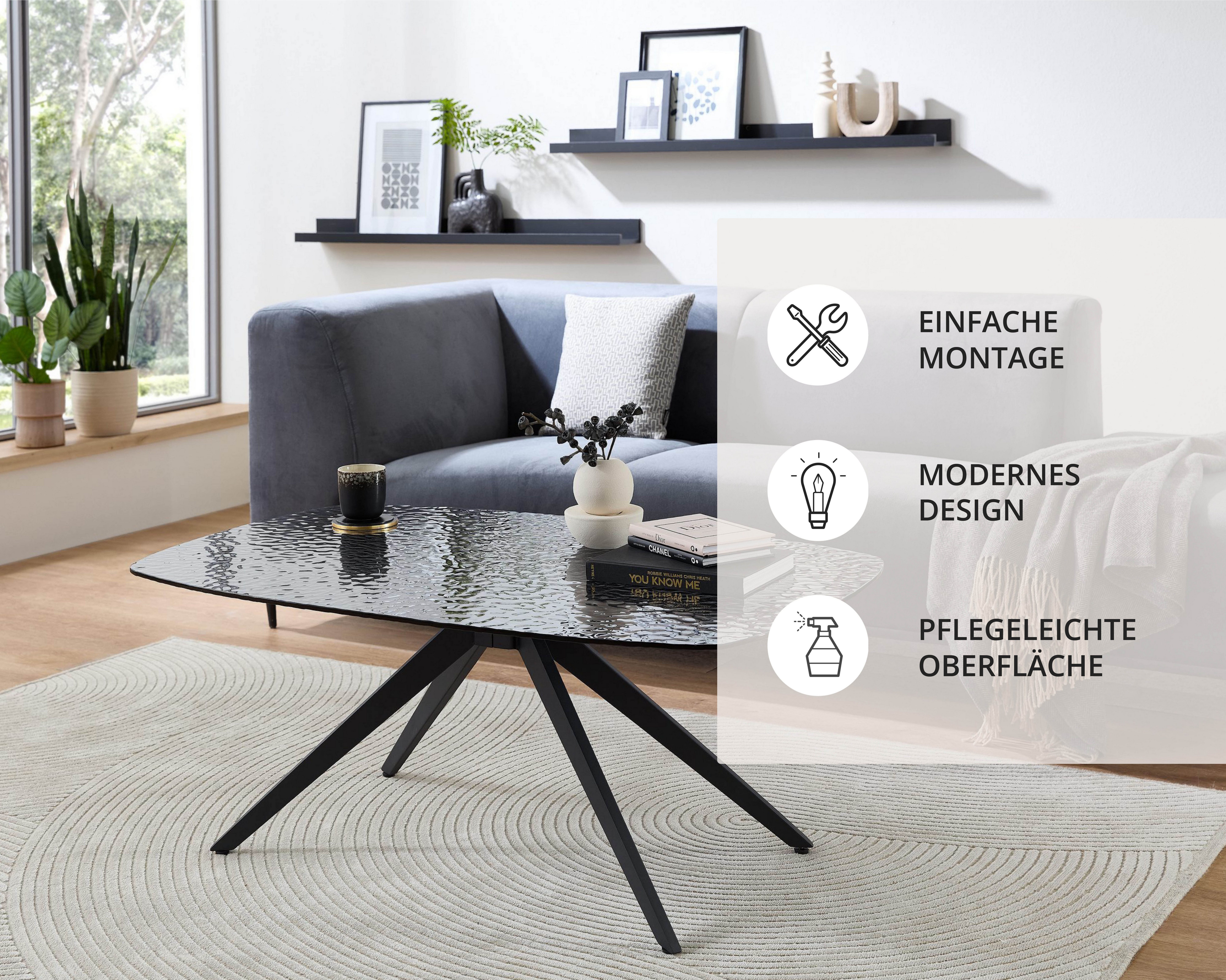 Stolkom Salontafel Elias glazen tafel zwart, salontafel BxHxD 110x44x70 cm Veiligheidsglas breukveilig, glasplaat watergolf zwart getint
