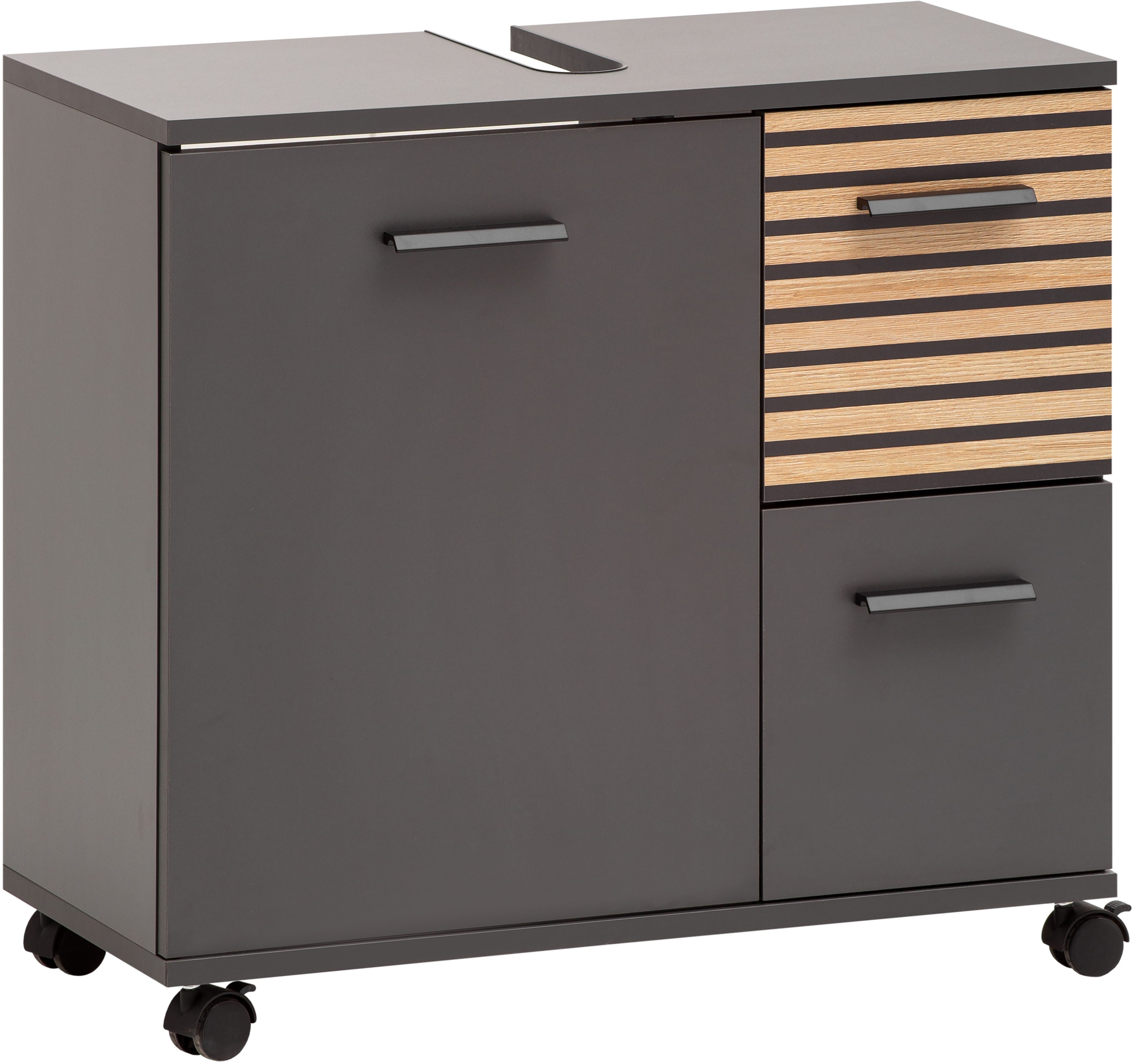 Schildmeyer Wastafelonderkast Katta, breedte 65 cm Bovenblad met sifonaansluiting, lade met akoestische print hoge kasten grijs