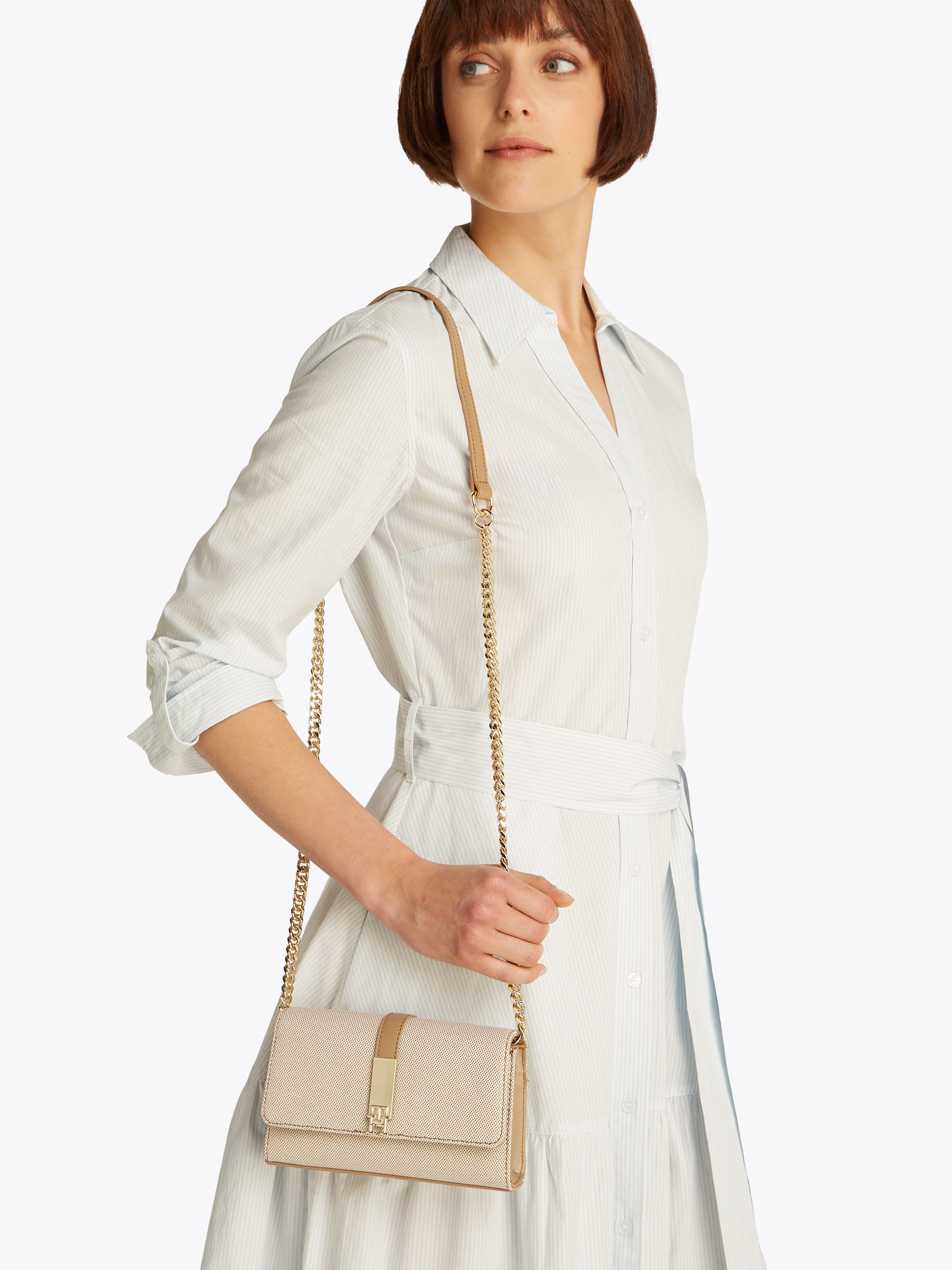 Tommy Hilfiger Schoudertas TH HERITAGE MINI CROSSVER CANVAS , avondtas, minibag met elegante kettinghandvat