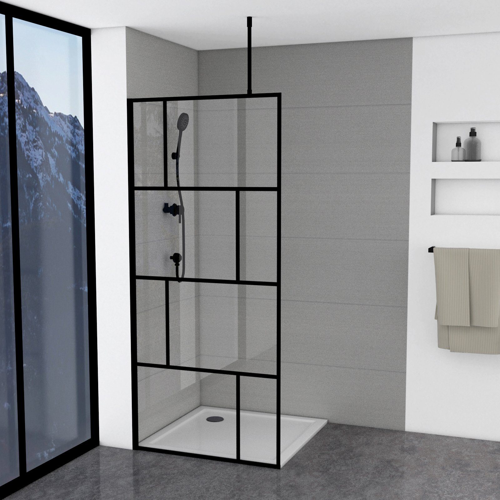 Marwell Walk-in-douche Bricks 90x 195 cm, inclusief houderstang voor plafondmontage, 140 cm (2-delig) douchecabines maat 90 cm x 195 cm zwart
