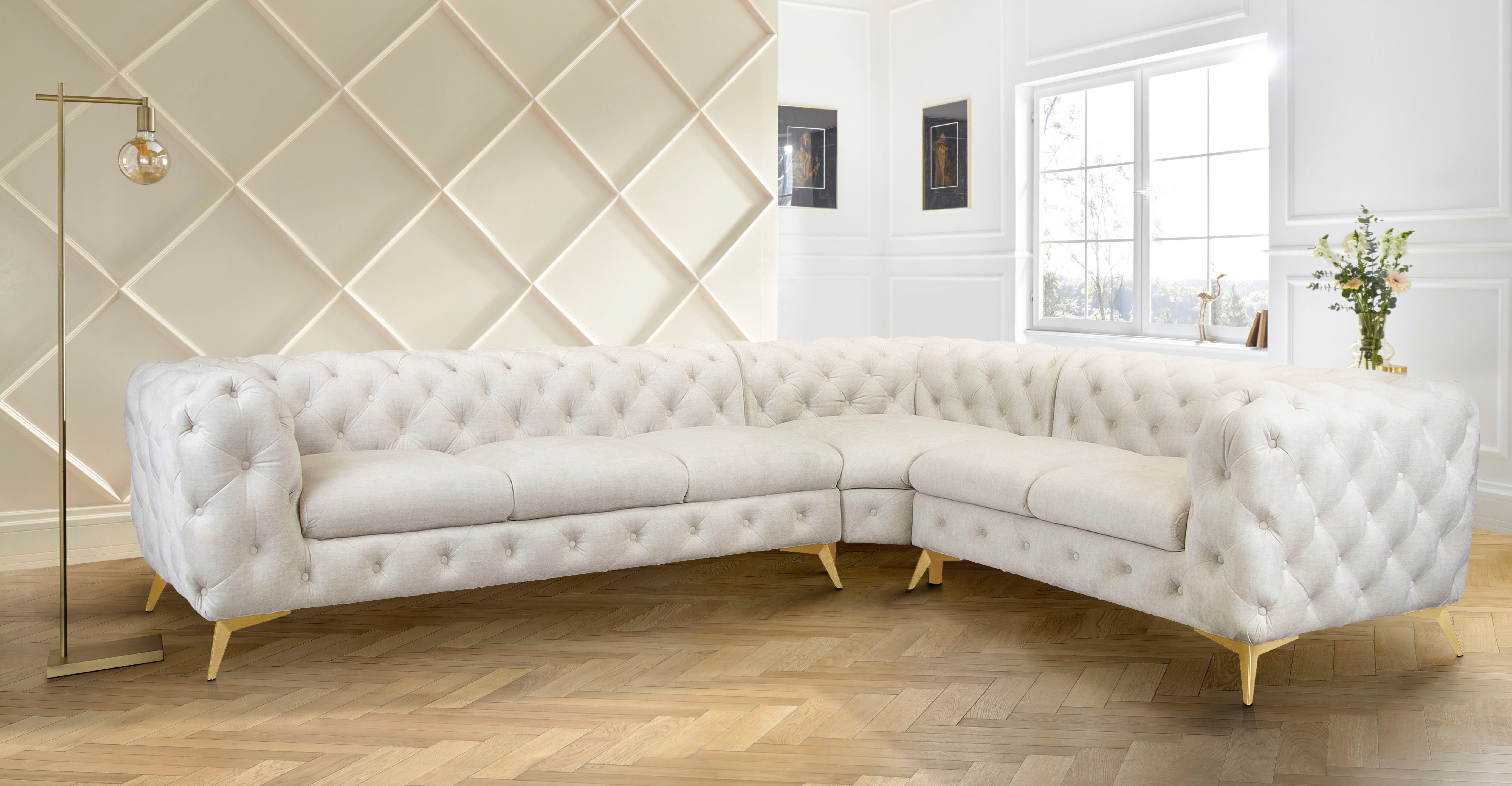 Leonique Chesterfield-bank Glynis L-vorm luxueuze capitonnage, moderne chesterfield look, kleur van de poten ter keuze