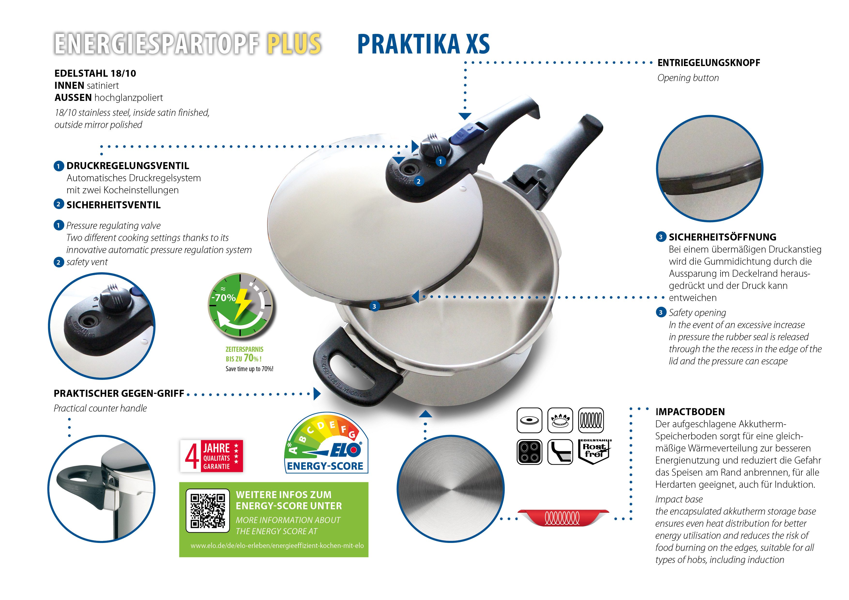 Elo Snelkookpan Praktika Plus XS Stoompan, incl. reserve-afsluitring, inductie