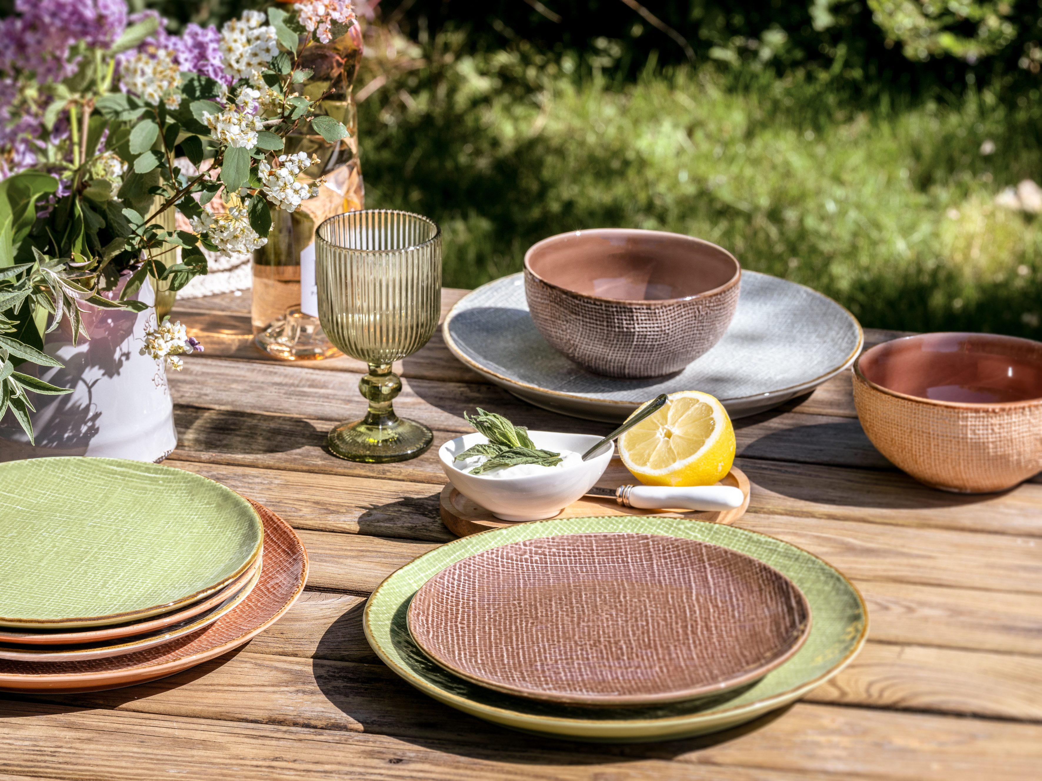 CreaTable Combi-servies Servies-set Canvas Servies, linnenstructuur, mediterrane kleuren, 16 delen, voor 4 personen (set, 16-delig)