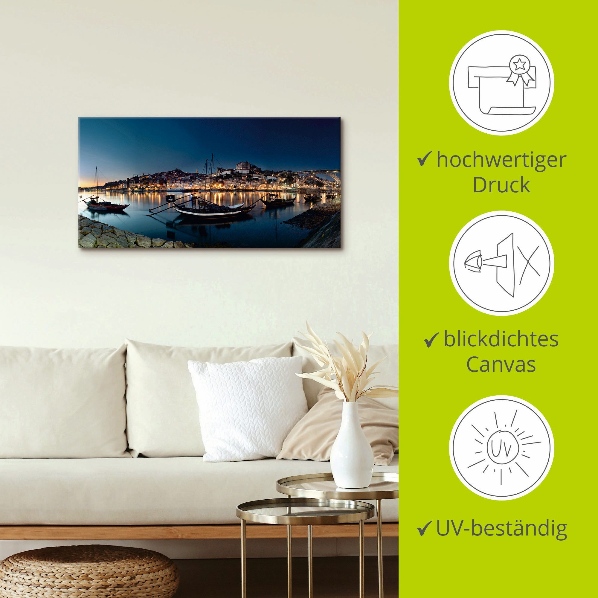 Artland Artprint op linnen Porto - Nachtpanorama gespannen op een spieraam
