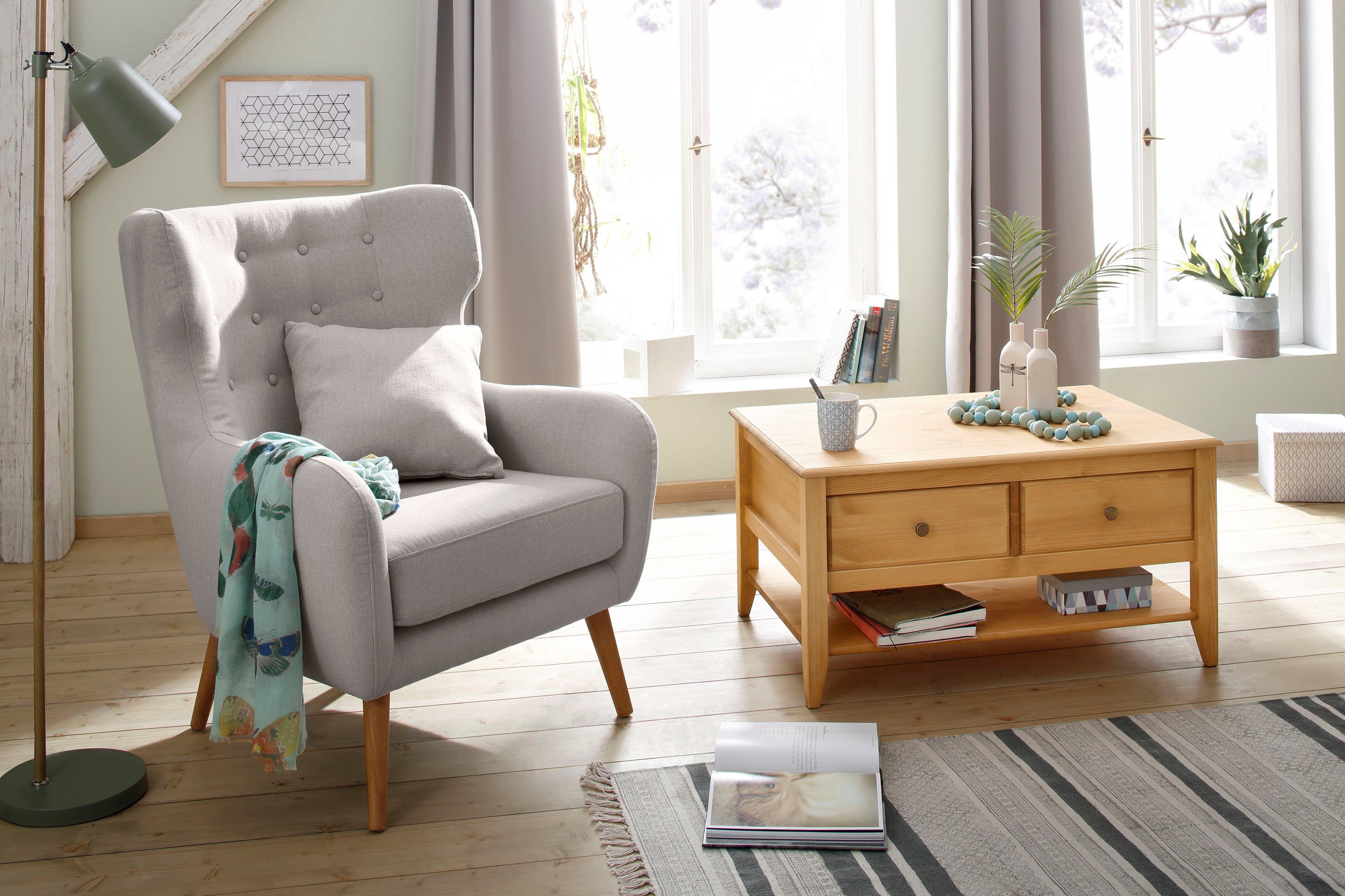 Home affaire Oorfauteuil Yamuna met beklede zitting, frame en poten van massief hout, zithoogte 47 cm