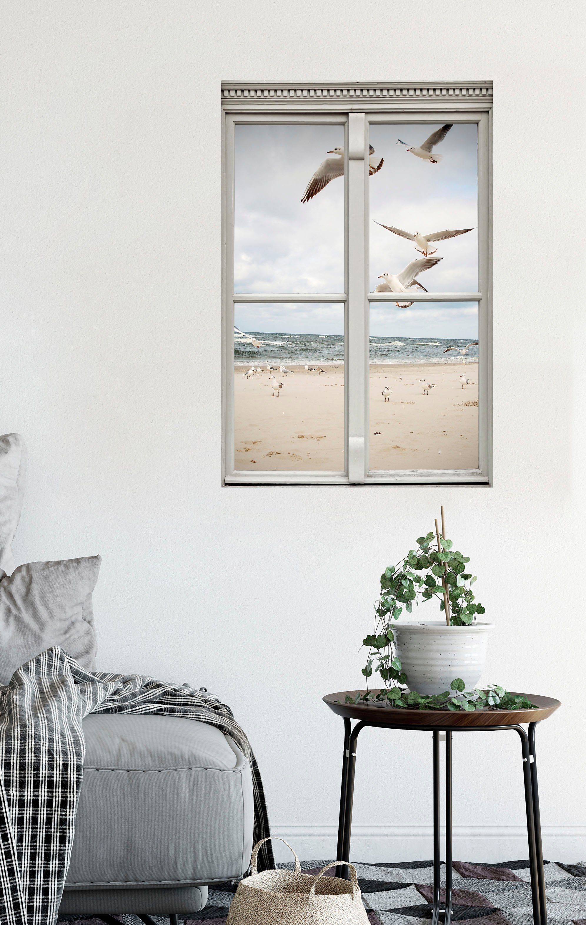 queence Wandfolie Meeuwen aan het strand Muursticker, muurdecoratie, zelfklevend, 3D, raam