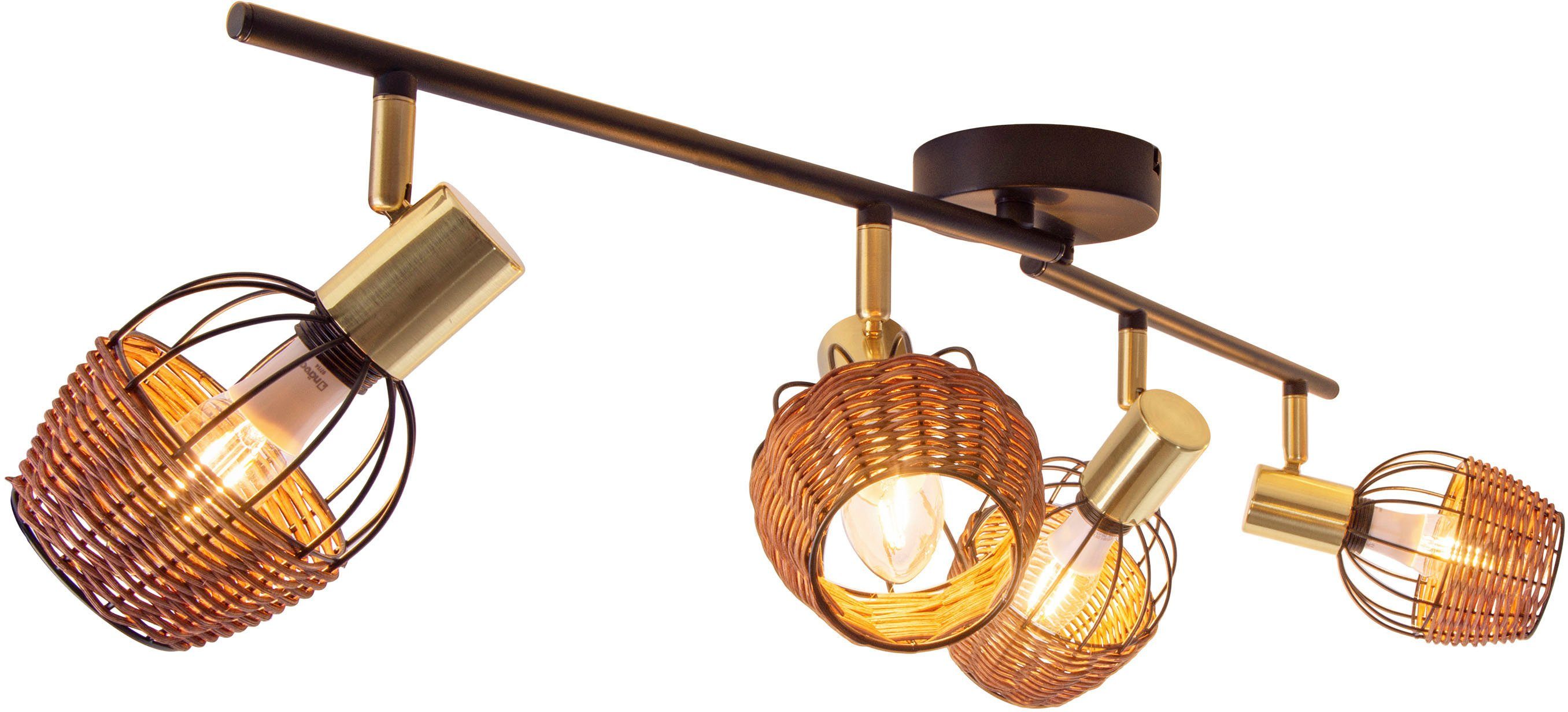 näve Plafondspotje Corbis 4 spots excl. e14 max. 40w zwart/natuur/goudkleur lengte 78 cm met rattan (1 stuk)