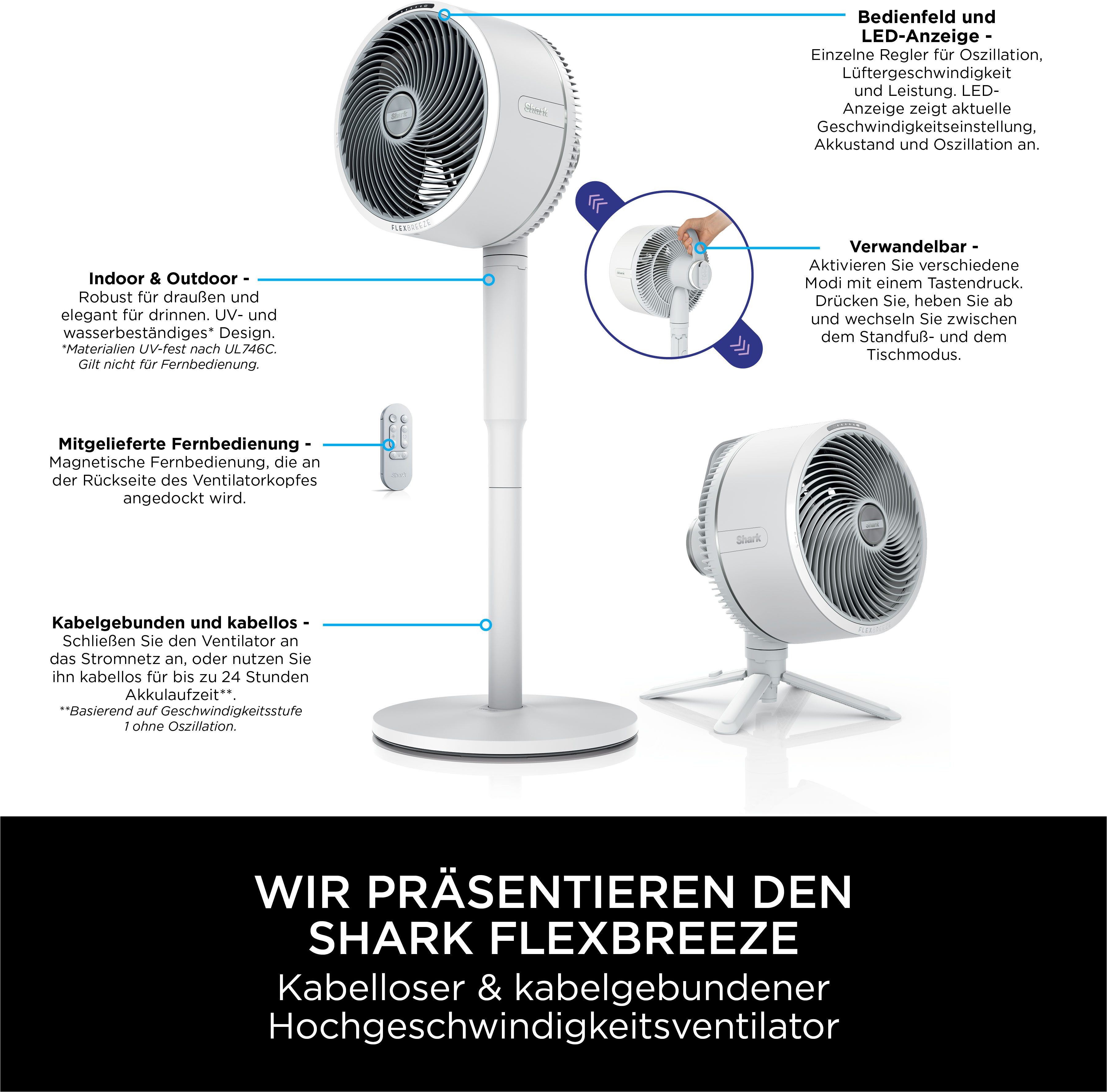 Shark Staande accu-ventilator FlexBreeze FA220EU Flüsterstille ventilator draadloos & bedraad inzetbaar