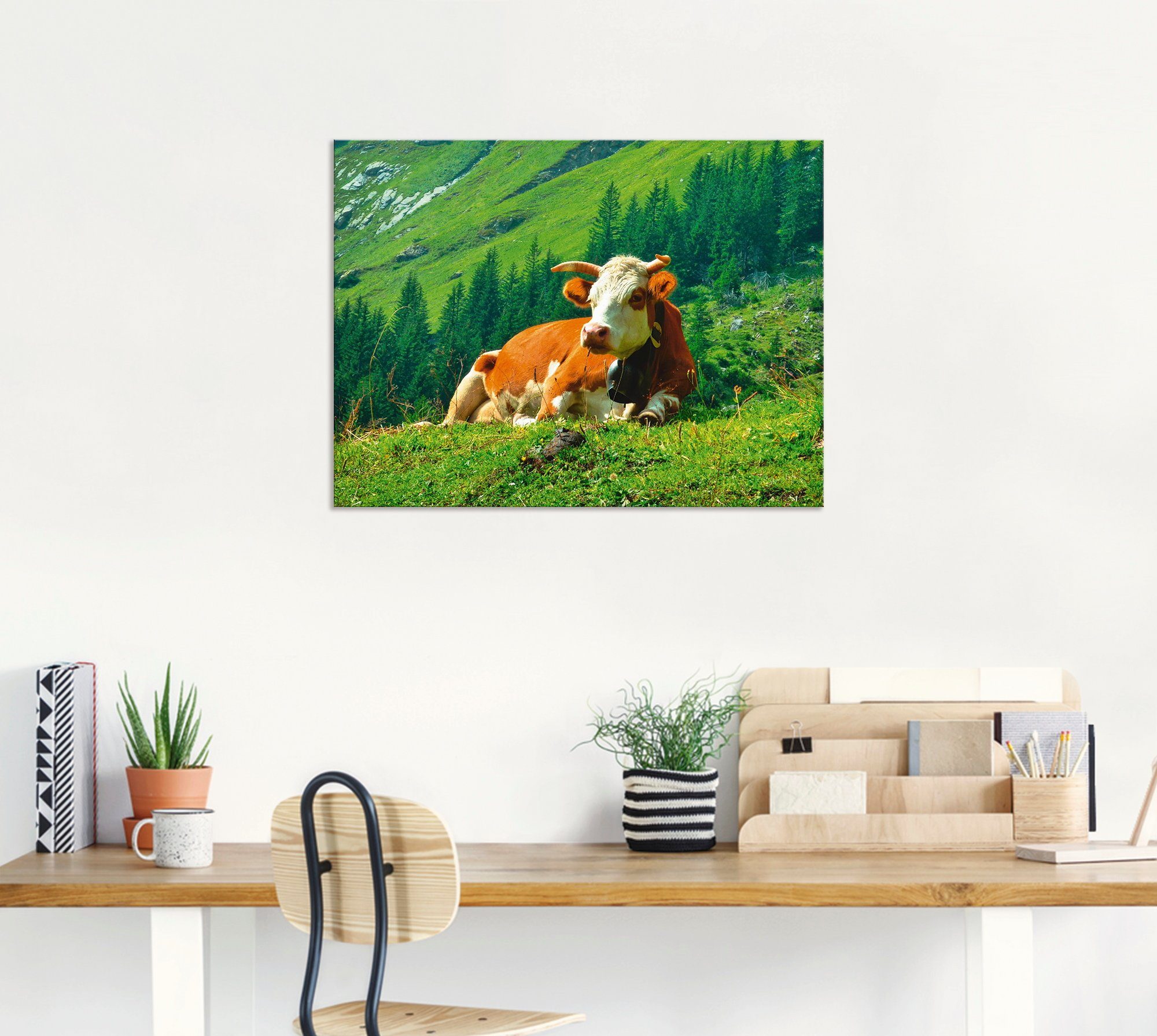 Artland Artprint Koe op de Zwitserse bergweide als artprint van aluminium, artprint op linnen, muursticker of poster in verschillende maten