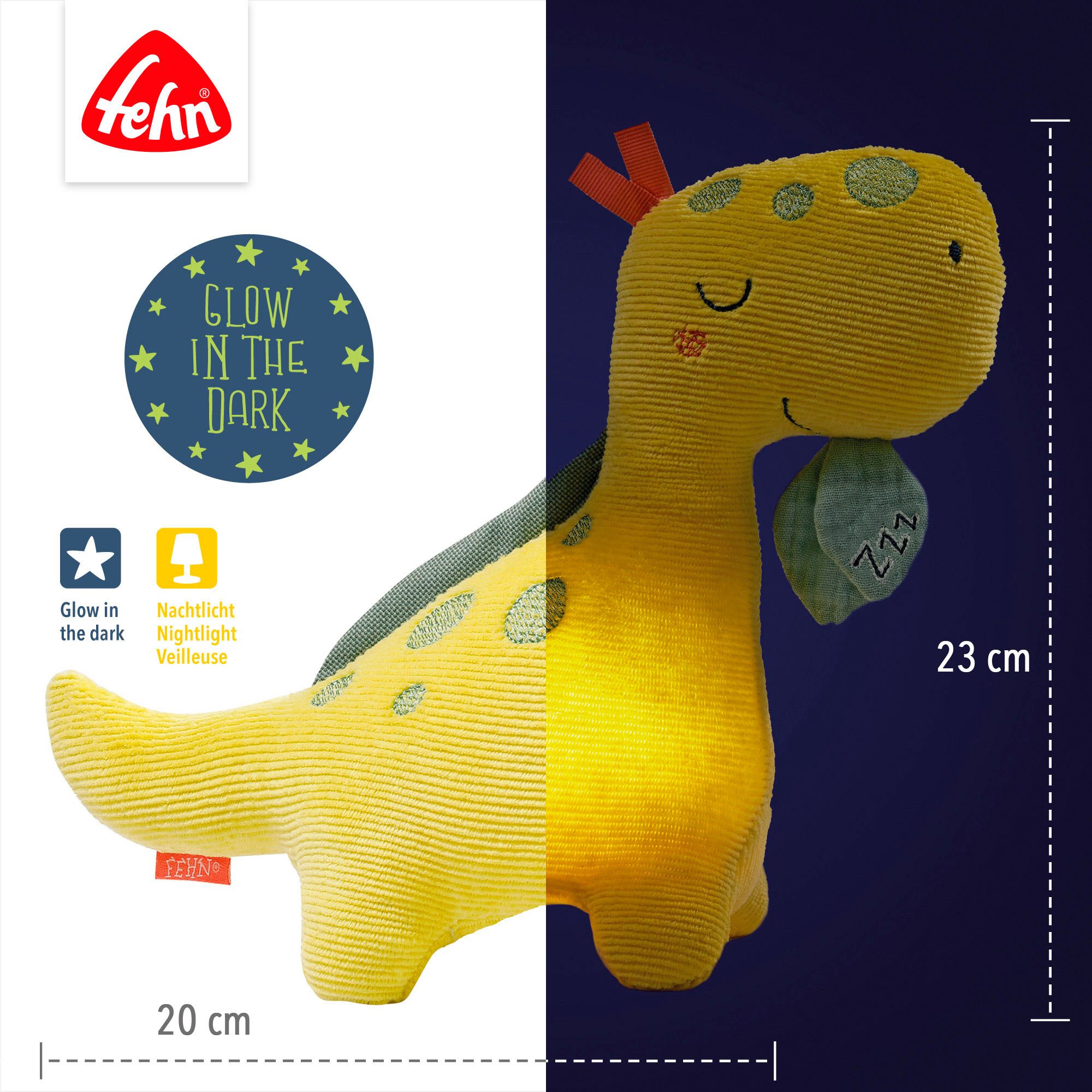 Fehn Knuffelbeest HAPPY DINO met "glow-in-the-dark"-borduursel & nachtlicht-module