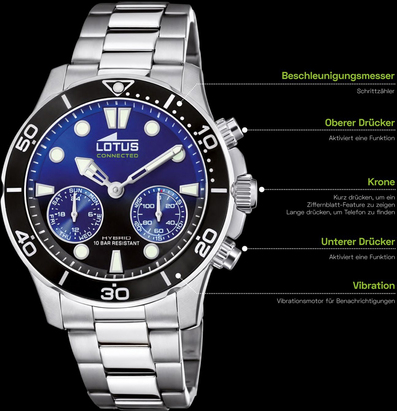 Lotus Chronograaf Lotus Connected Horloge, quartz, herenhorloge, tot 10 bar waterdicht, datum