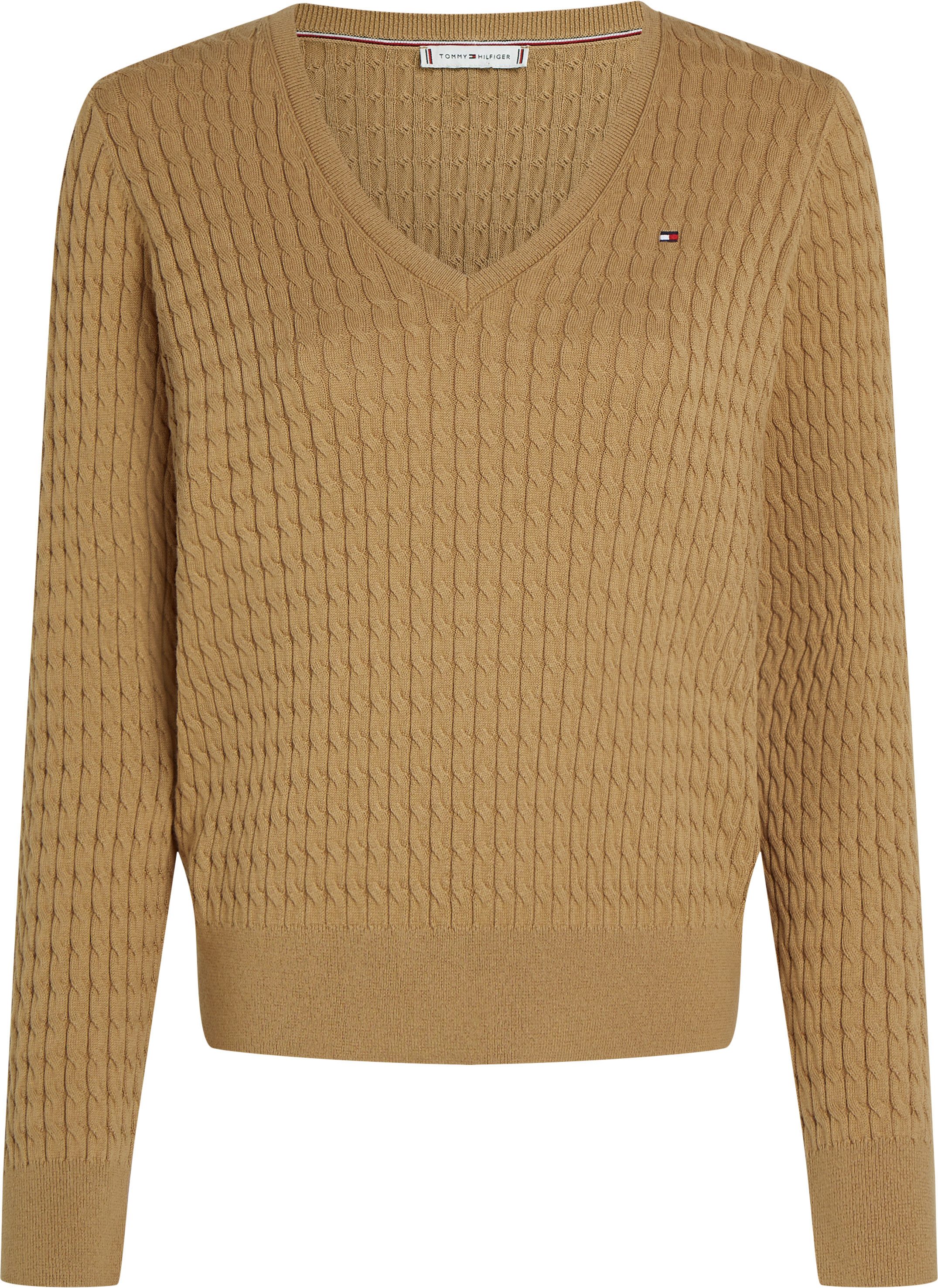 Tommy Hilfiger Trui met V-hals CO CABLE V-NK LS SWT met kabelpatroon, logo-borduursel
