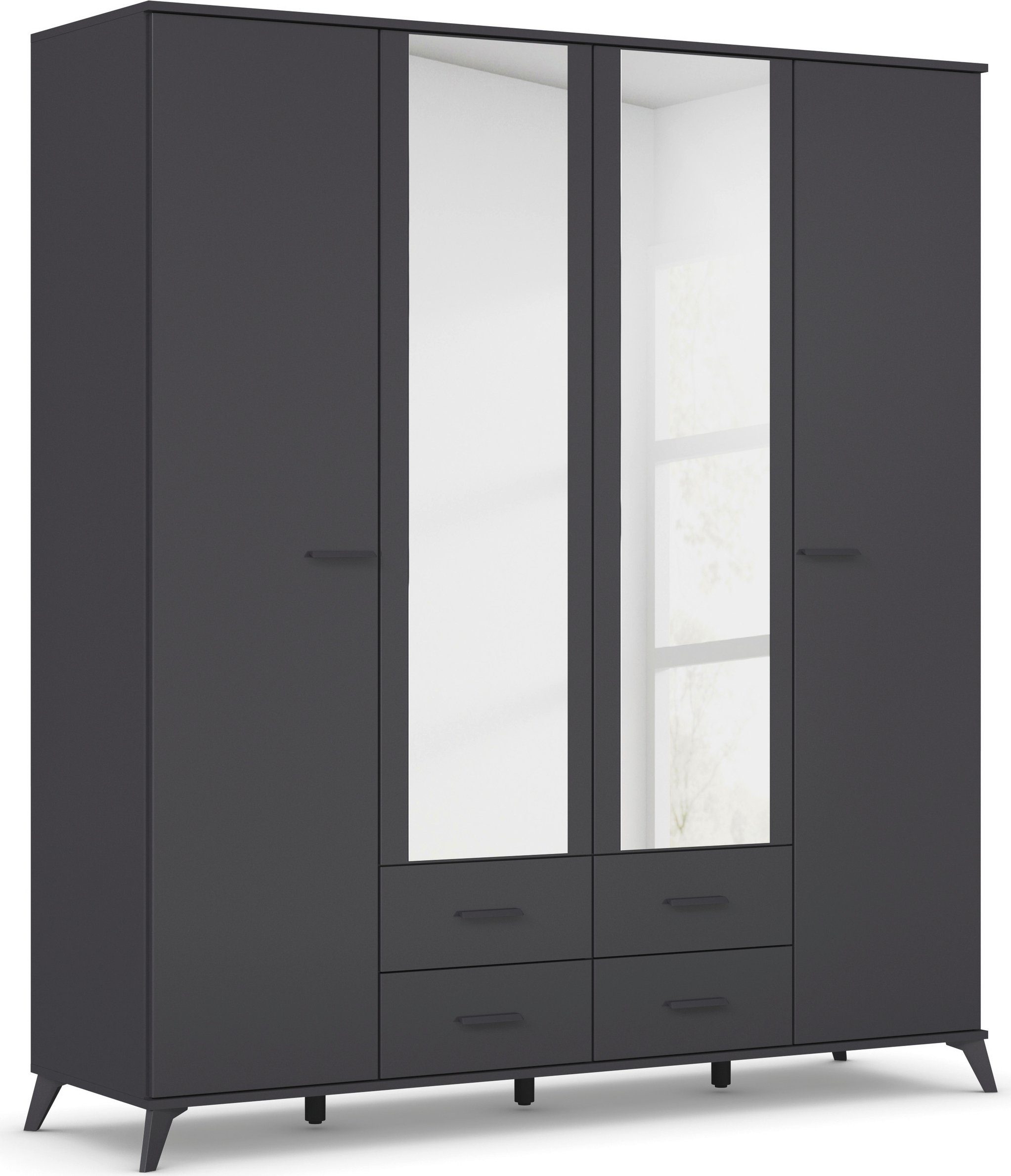 rauch Draaideurkast Lucena met schuin naar buiten staande poten in monochroom-stijl, met spiegel kledingkasten maat 185 cm x 203 cm x 54 cm grijs
