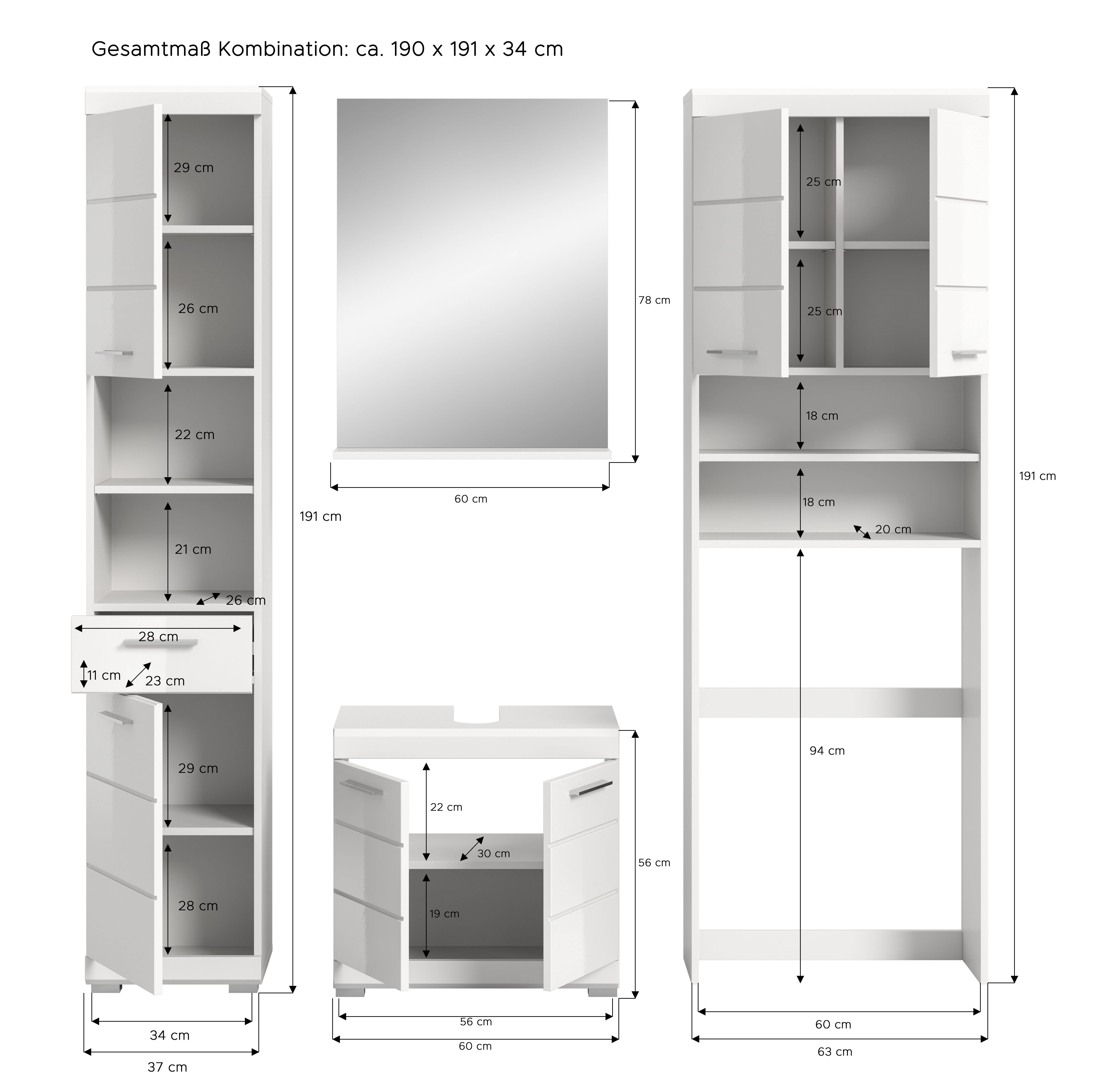 INOSIGN Badkamerserie Siena, 4-delig, bestaande uit: Hoge kast, WBU, badkamer spiegel, wasmachine ombouwkast (set, 4-delig)