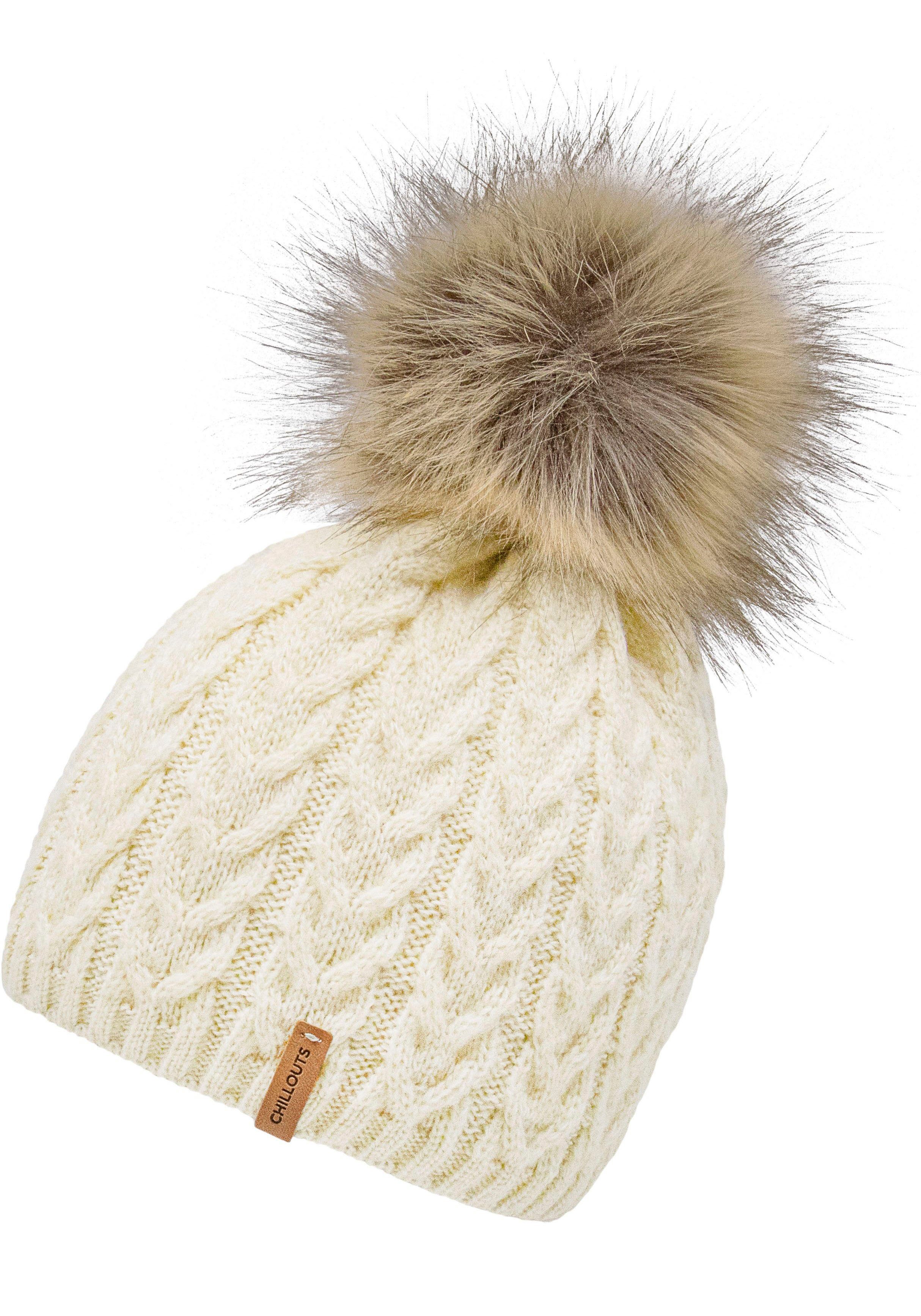 chillouts Muts met pompon Tabea Hat met afneembare kunstbont pompon dames mutsen beige
