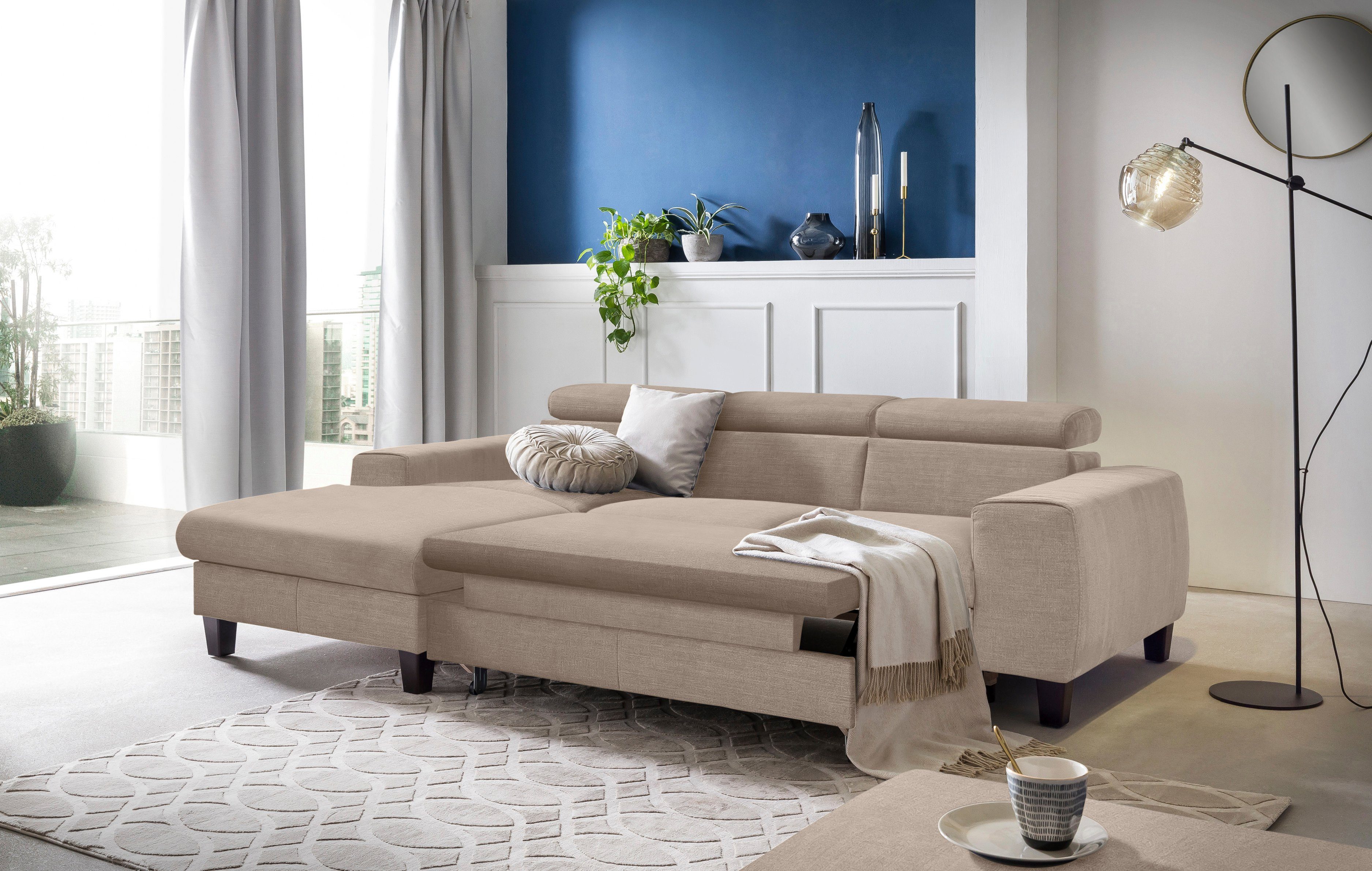 COTTA Hoekbank Morven L-vorm met hoofdeindeverstelling keuze met bedfunctie, bedlade & draadloze oplader
