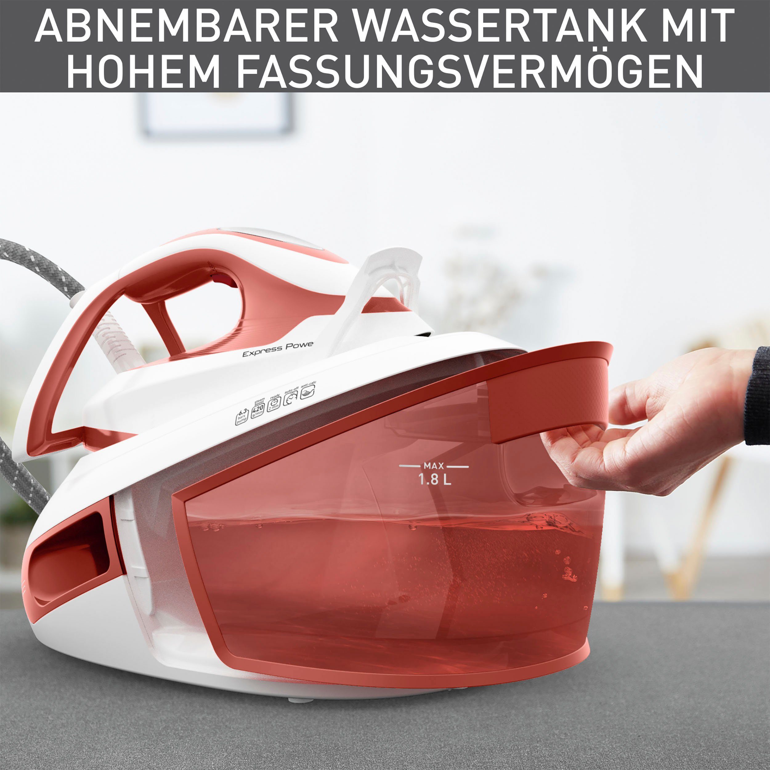 Tefal Stoomstrijksysteem Express Power, 6,3 Bar Druck, 1,8 L Wassertank, Kalk-Kollektor, 420 g/min extra stoomstoot, ideaal voor elk type stof, kalkverzamelaar