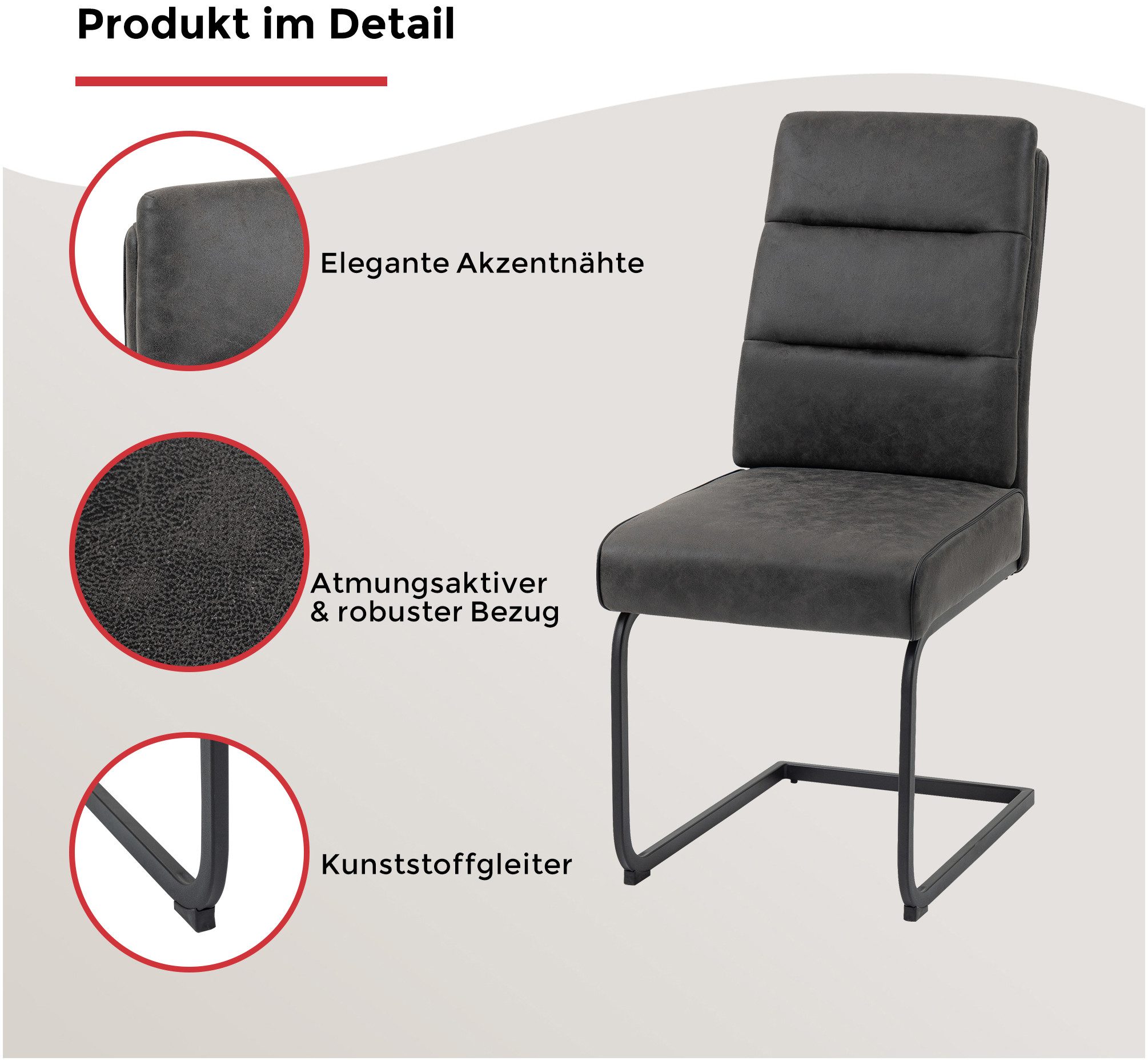 Duo Collection Vrijdragende stoel Marga sledestoel, set van 2 extra verdikking met pocketveringskern, glijders voor de veiligheid (set, 2 stuks)
