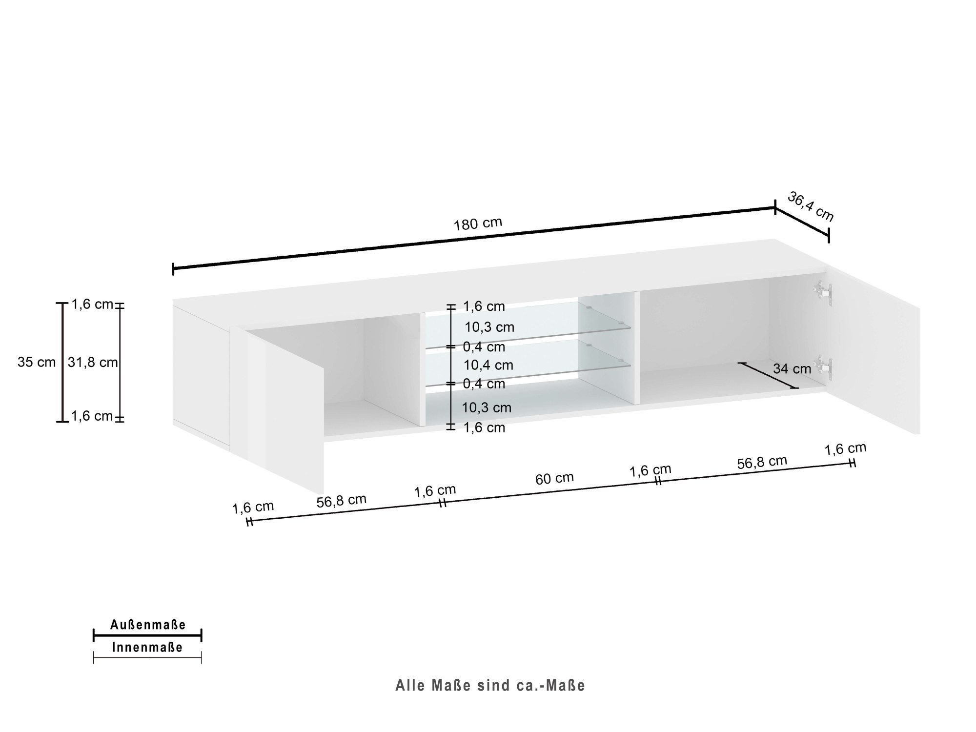 INOSIGN Tv-meubel Egypt, Lowboard, TV-ladekast, TV-meubel, TV-bank met 2 kleppen, 2 glazen planken, volledig hoogglans gelakt (b/d/h) 180x38x35 cm