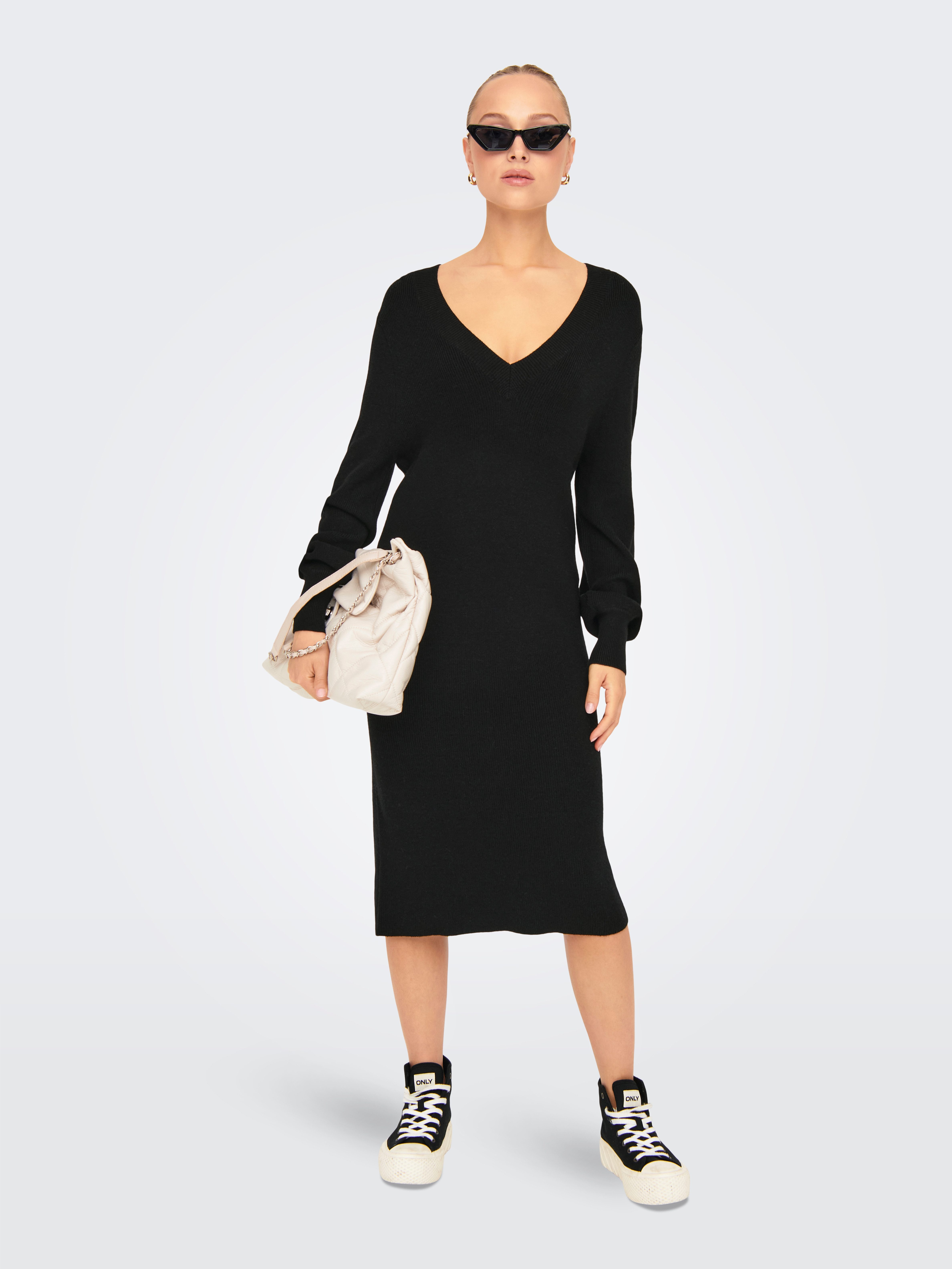 Only Gebreide jurk ONLKATIA LS V-NECK DRESS NCA KNT dames gebreide jurken maat XL (42) zwart