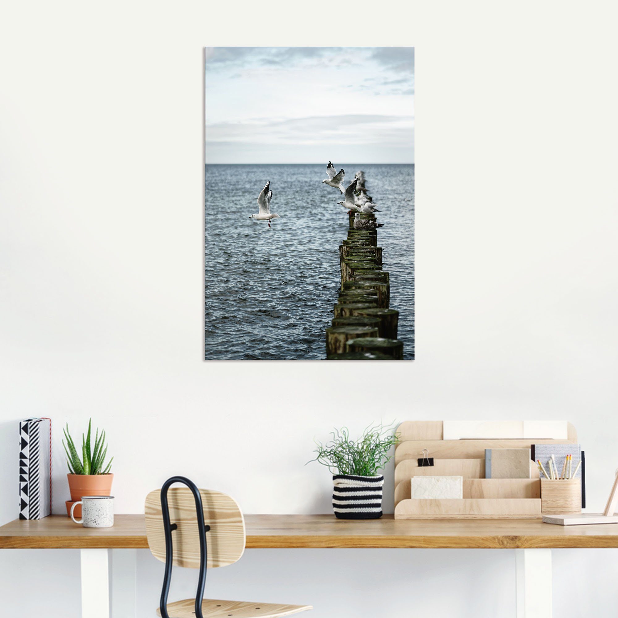 Artland Artprint Möwen starten von einer Buhnenreihe als artprint van aluminium, artprint voor buiten, poster in diverse formaten