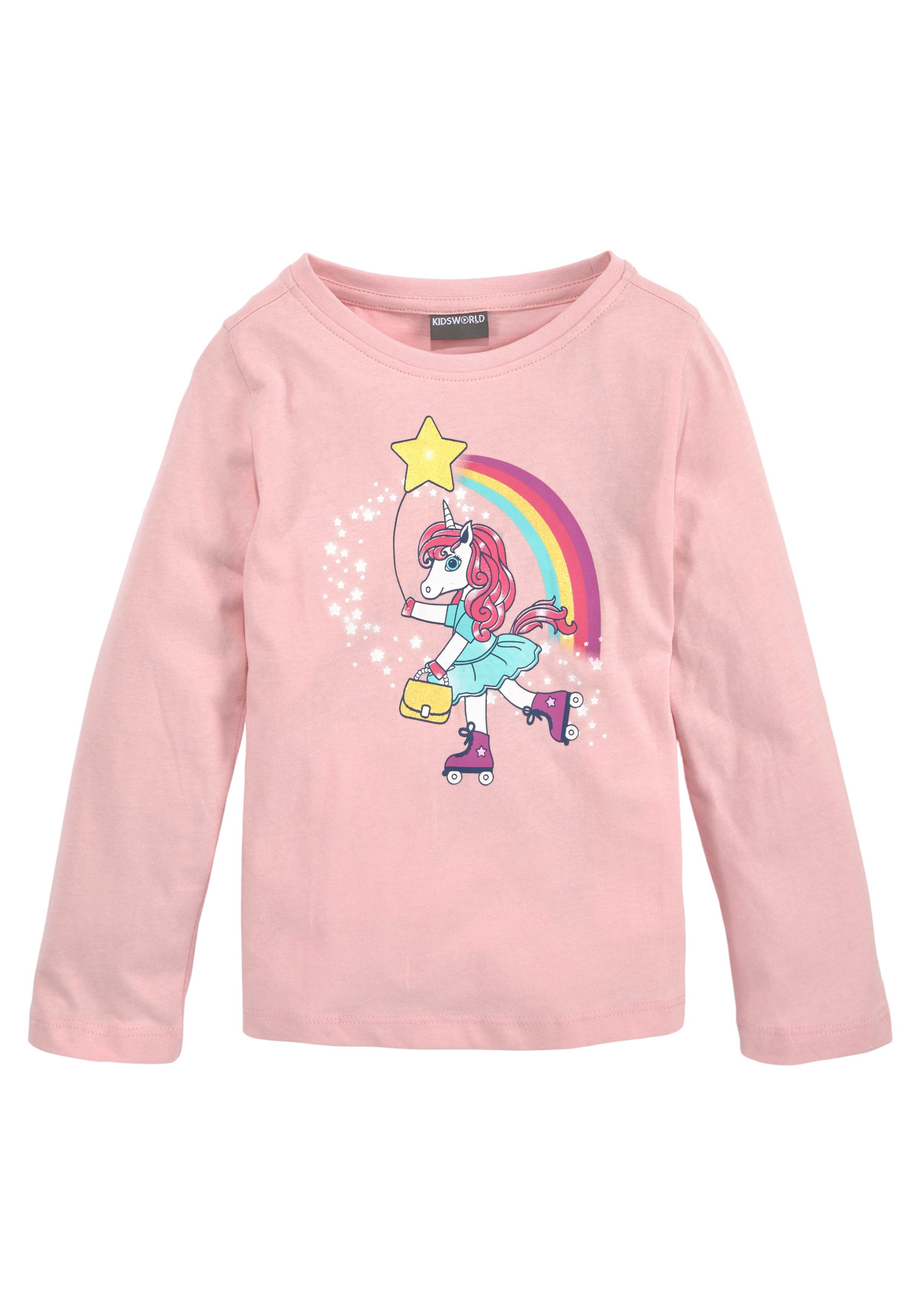 KIDSWORLD Shirt met lange mouwen Eenhoorn op skateschoenen Lange mouwen, basic pasvorm, met stijlvolle print en glinsterende print