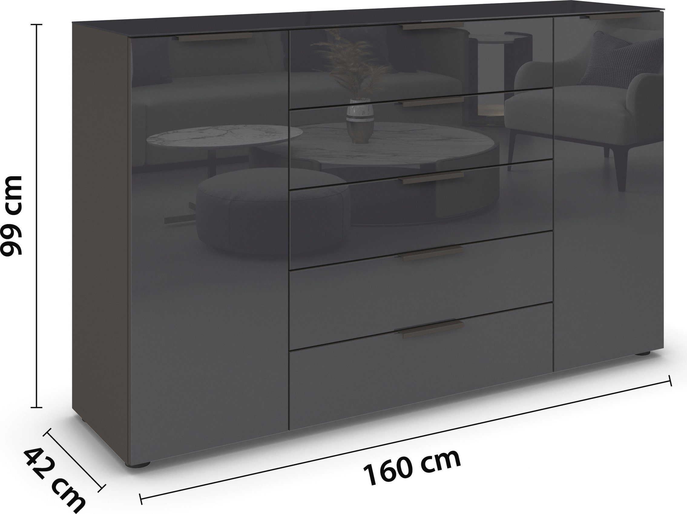 rauch Ladekast Flipp kast sideboard waskast 2-deurs, 5 laden, soft-close, bovenblad en glazen front, 2 breedtes