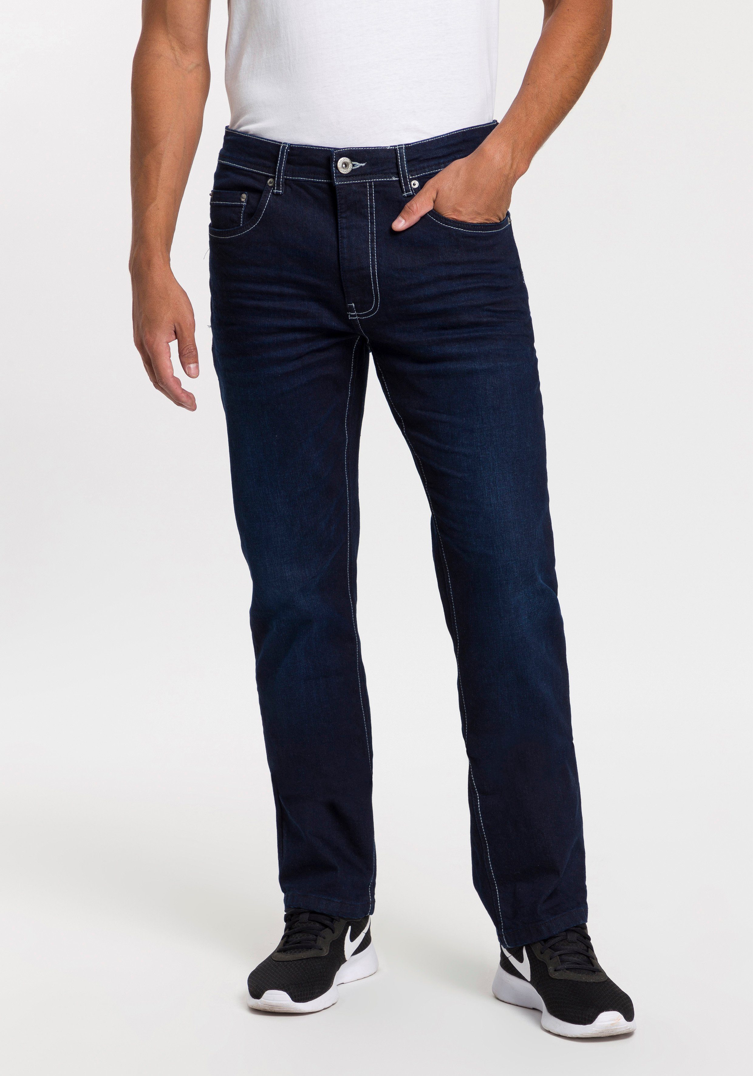 John Devin Straight jeans met rechte pijpen, used-wassing en crinkle-look heren straight jeans maat 30 blauw