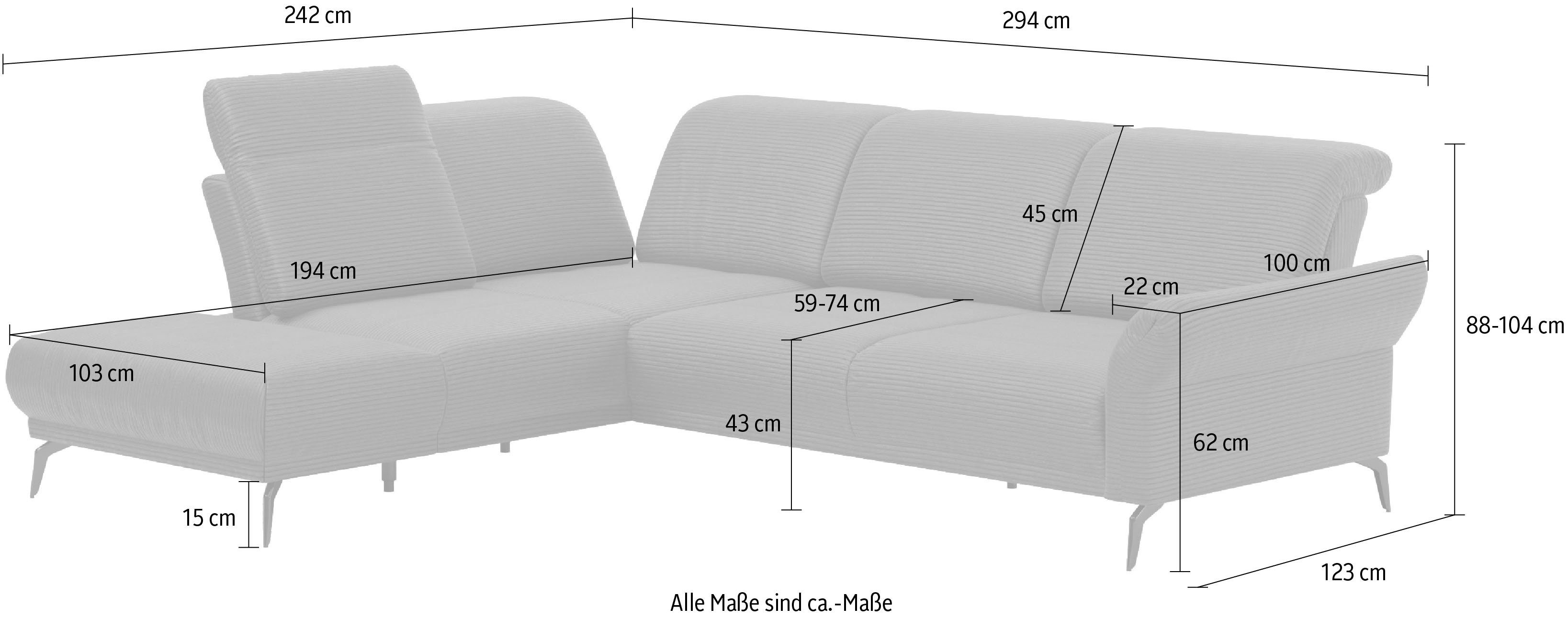 INOSIGN Hoekbank Coco L-vorm Verstelbare zitdiepte, armleuning en hoofdeind, cordbekleding, poothoogte 15 cm