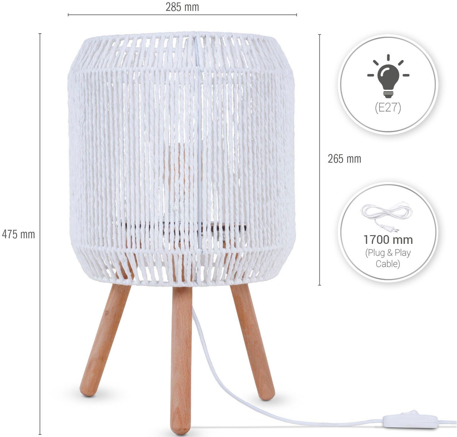 Paco Home Tafellamp Sol Boho decoratie lampenkap mand hout E27