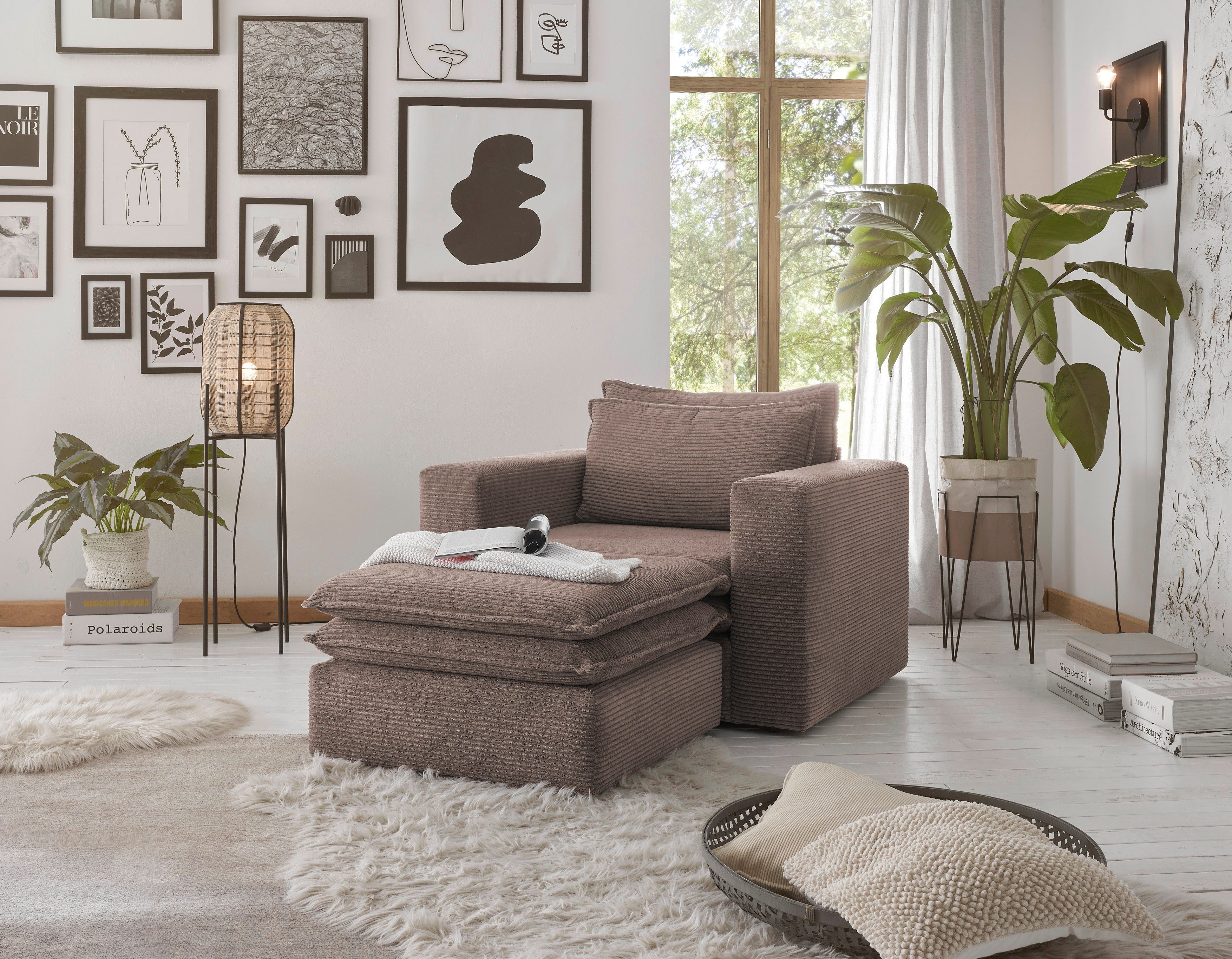Places of Style Zithoek PIAGGE Hoogwaardige cord, fauteuil en hocker klein als set (2-delig)