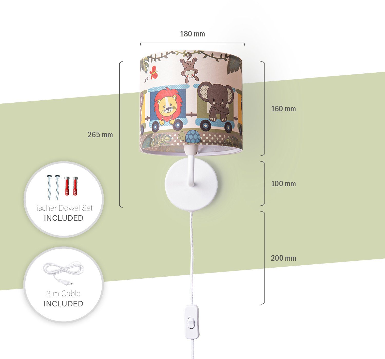 Paco Home Wandlamp Diamond 635 Kinderlamp binnen met âˆ…18cm zoo dieren trek kabellengte 3m E14