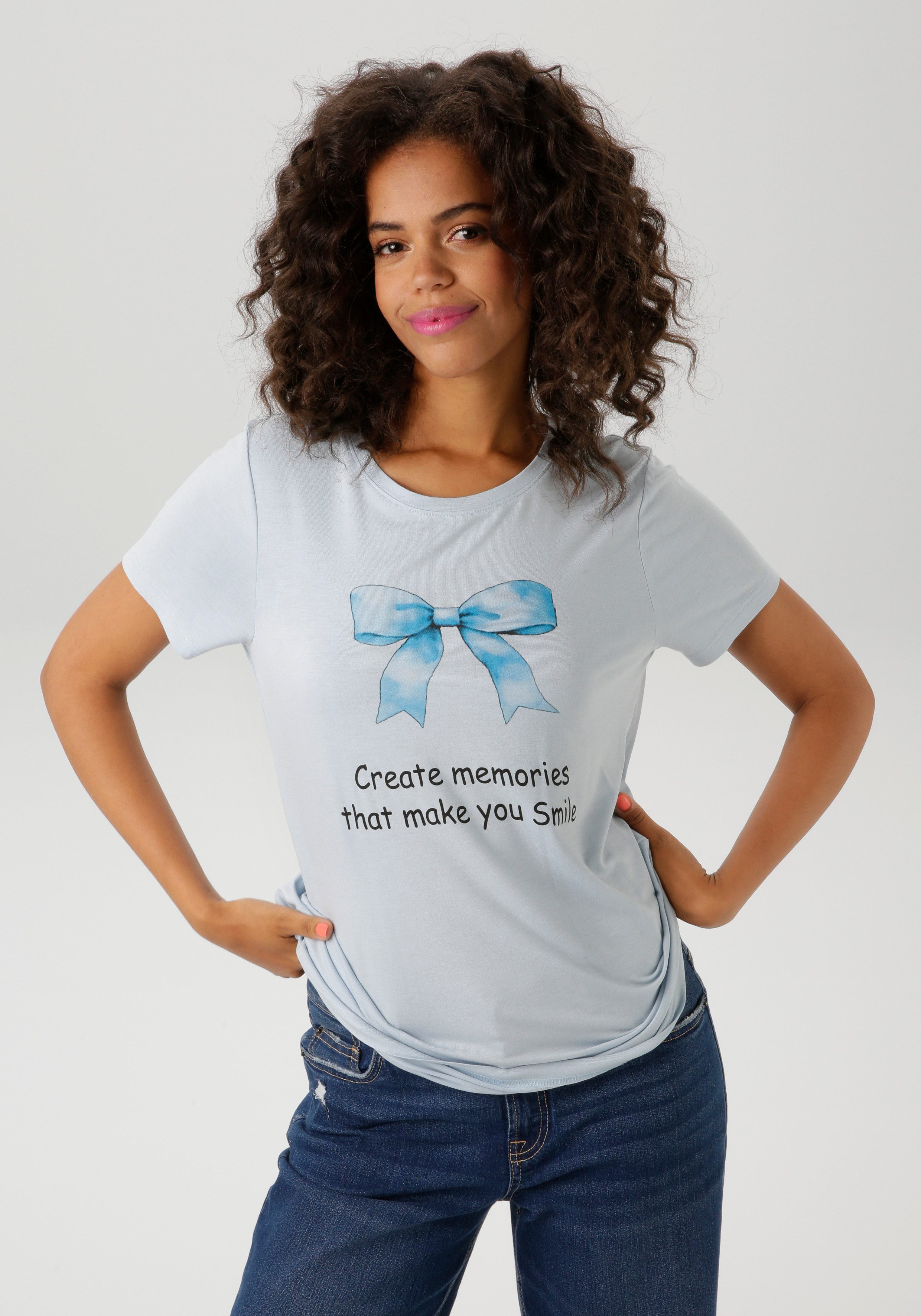 Aniston CASUAL T-shirt met strik en tekst bedrukt - nieuwe collectie