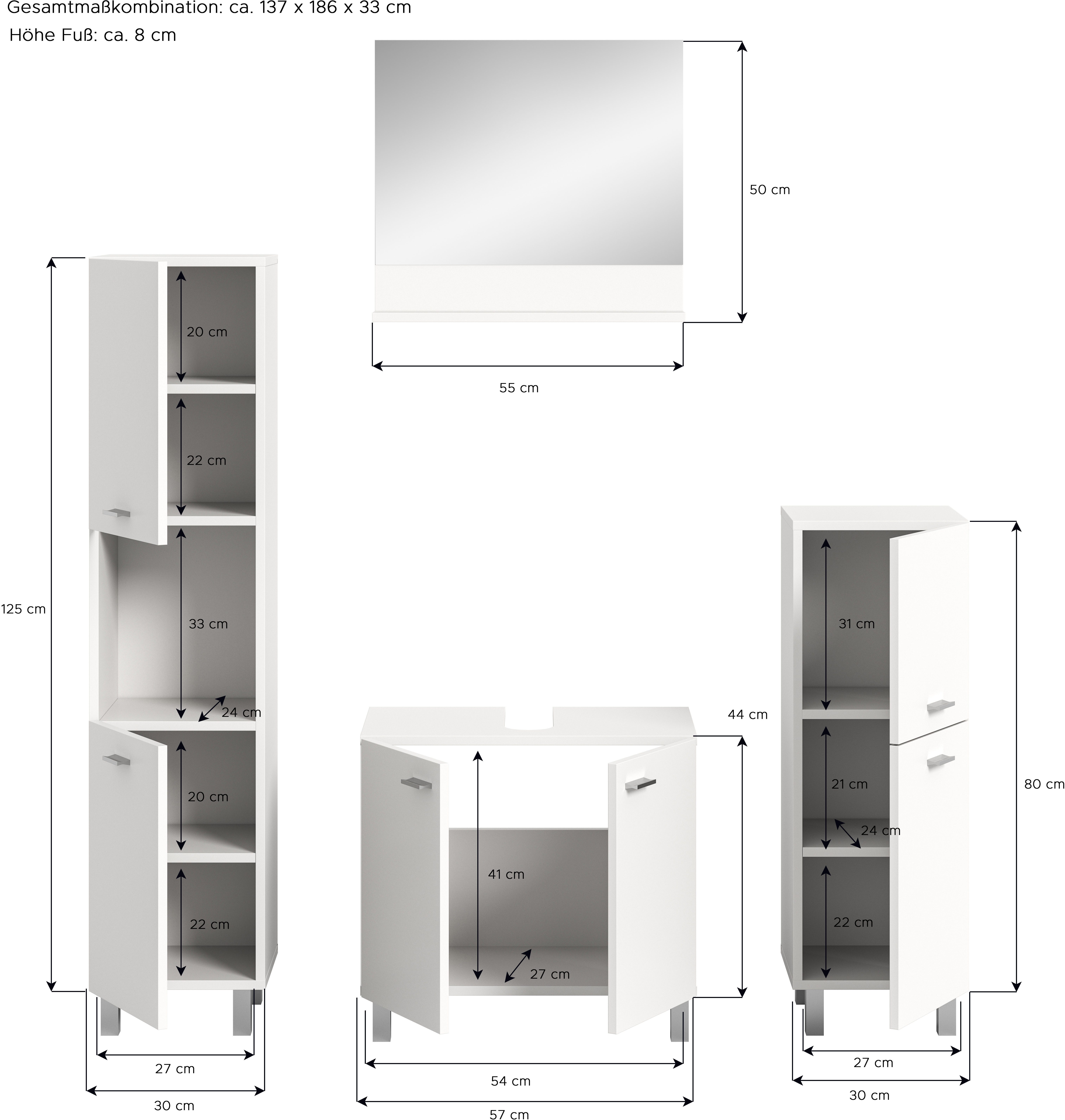 welltime Badmeubelset Tampa, breedte 137cm, 4-delig Wastafelonderkast, spiegel, hoge kast, midikast (4 stuks)