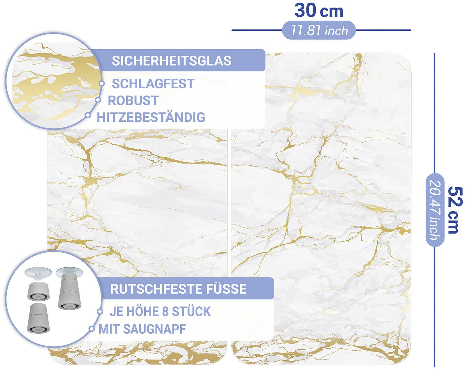 WENKO Kookplaatdeksel Universal Model Marmor Gold Kookplaatafdekking voor alle soorten kookplaten, krasvast, met antislipvoetjes (set, 2-delig)