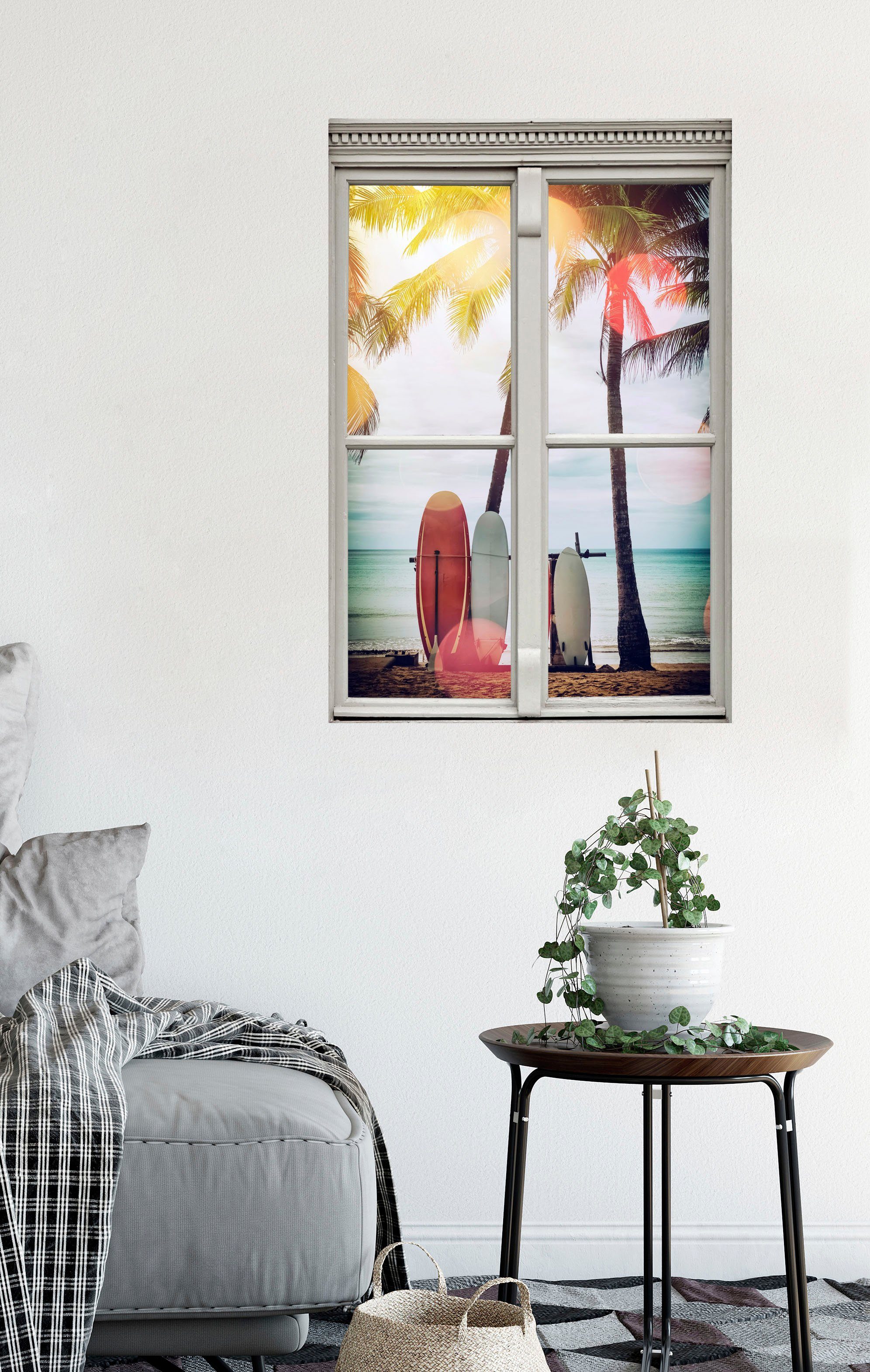queence Wandfolie Surfstrand Muursticker, muurdecoratie, zelfklevend, 3D, raam