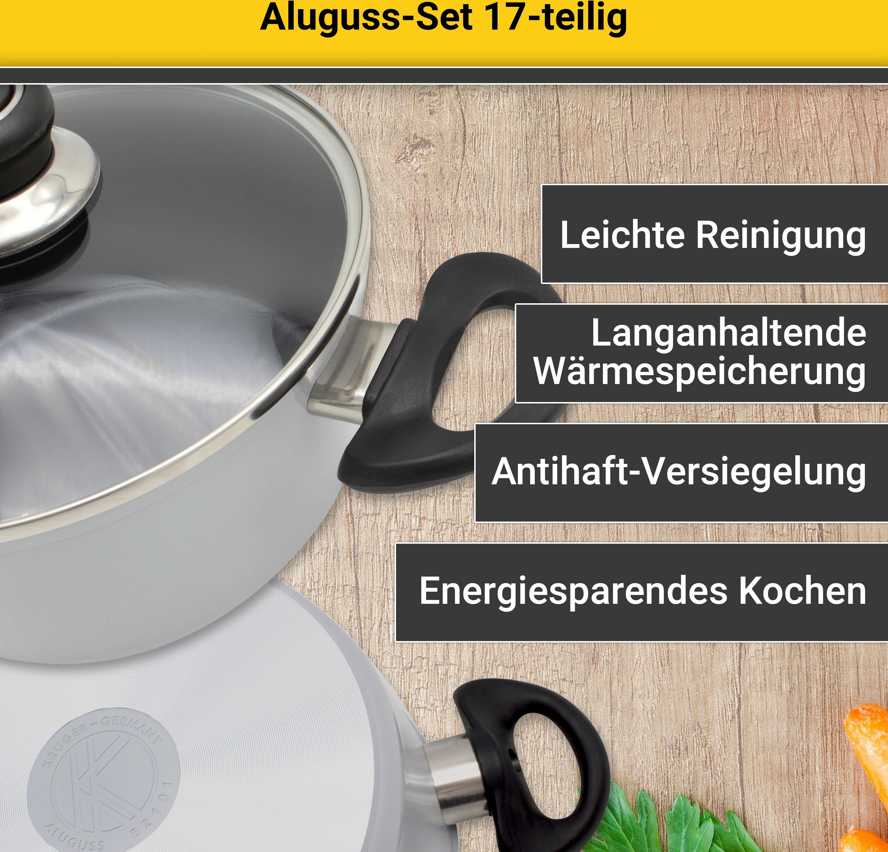 Krüger Pannenset Aluminium pot- en pan-set inclusief praktische keukenhulpmiddelen, 17-delig. (set)