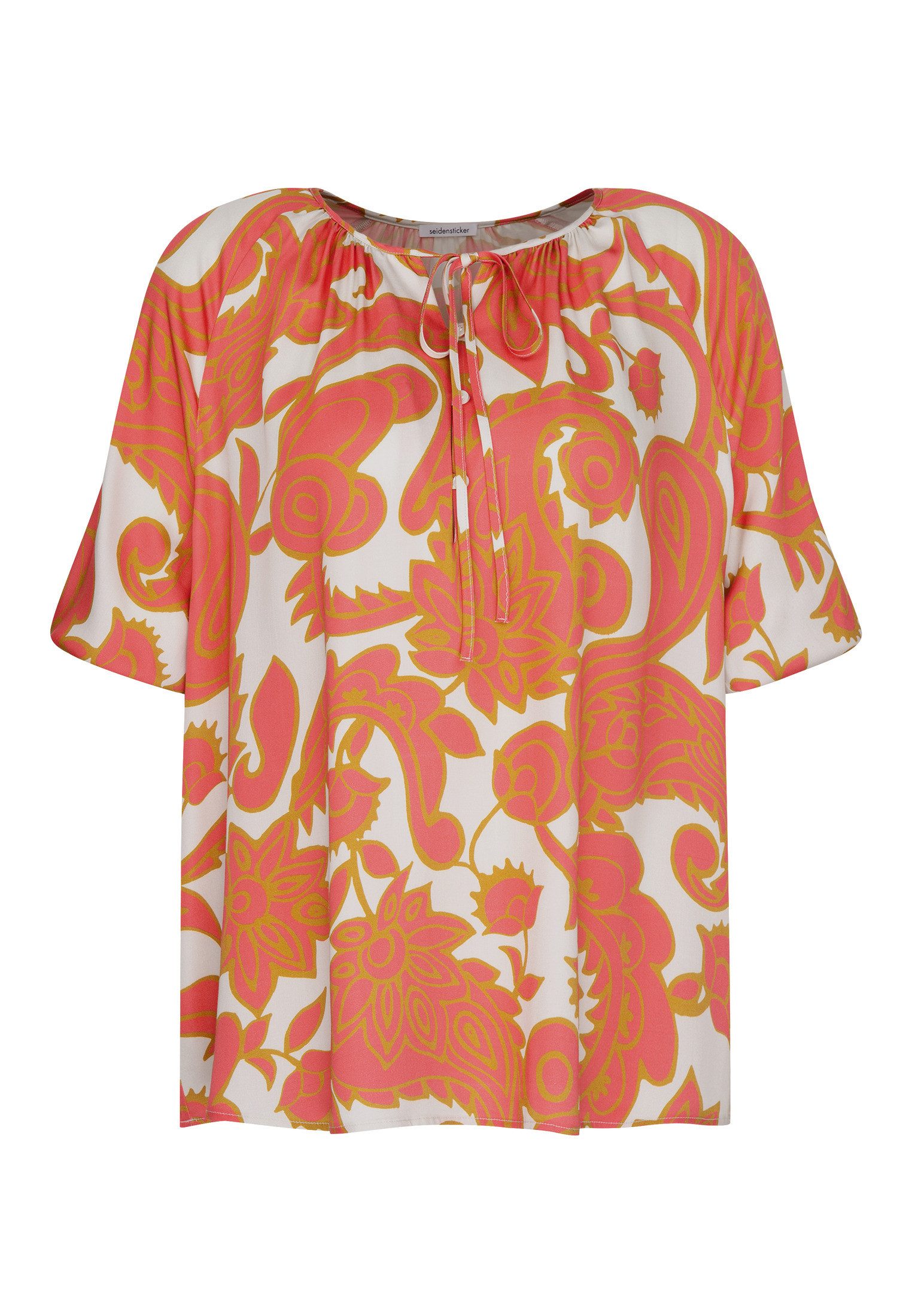 seidensticker Shirtblouse Zwarte roos Korte mouw ronde hals paisley