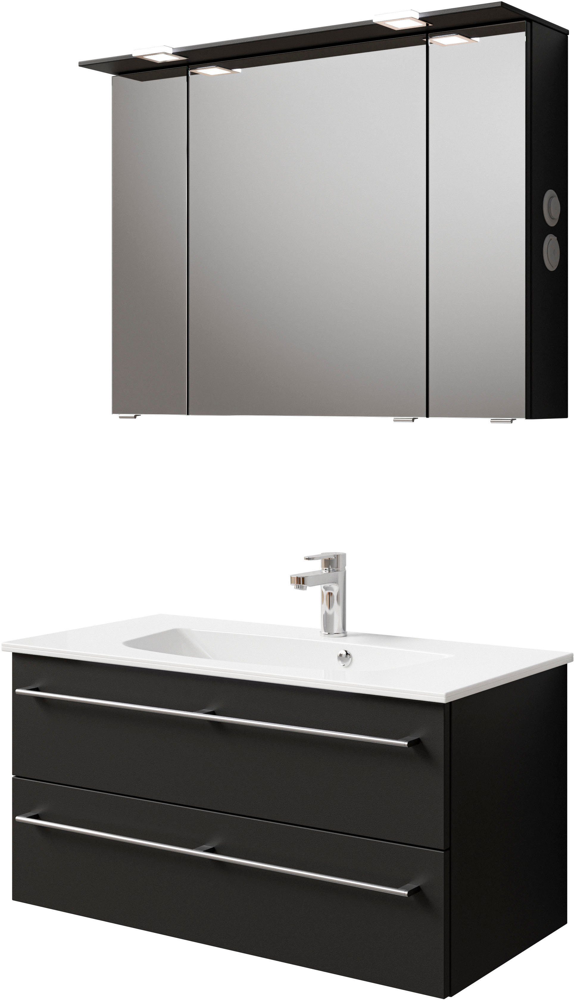 Saphir Badkamerserie Serie 6025 2-delig, mineraalmarmeren wastafel met led-spiegelkast Wastafelmeubel 97 cm breed, 2 laden, 3 spiegeldeuren, incl.