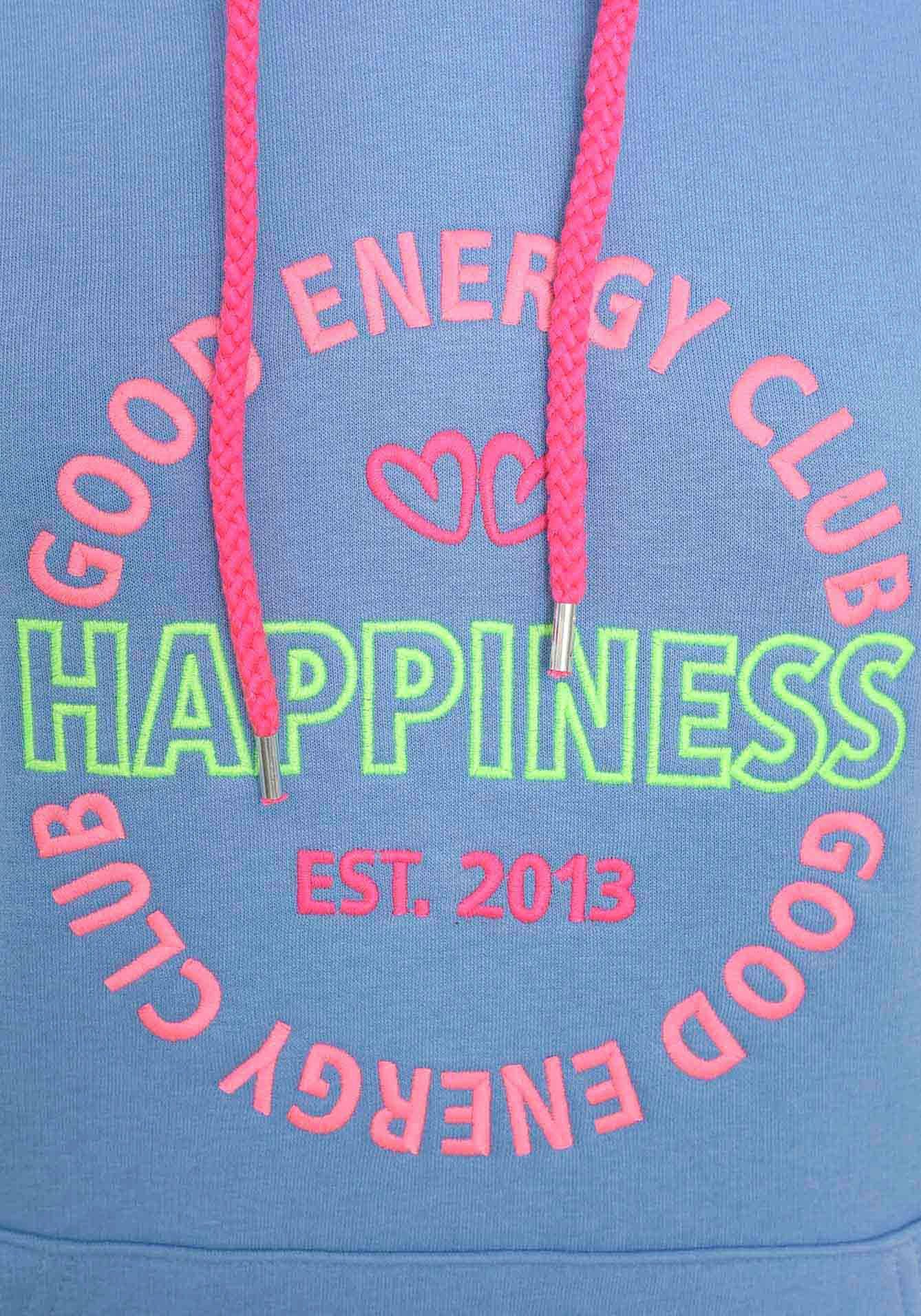Zwillingsherz Sweatshirt met neonkleurig borduursel en inscriptie op de rug